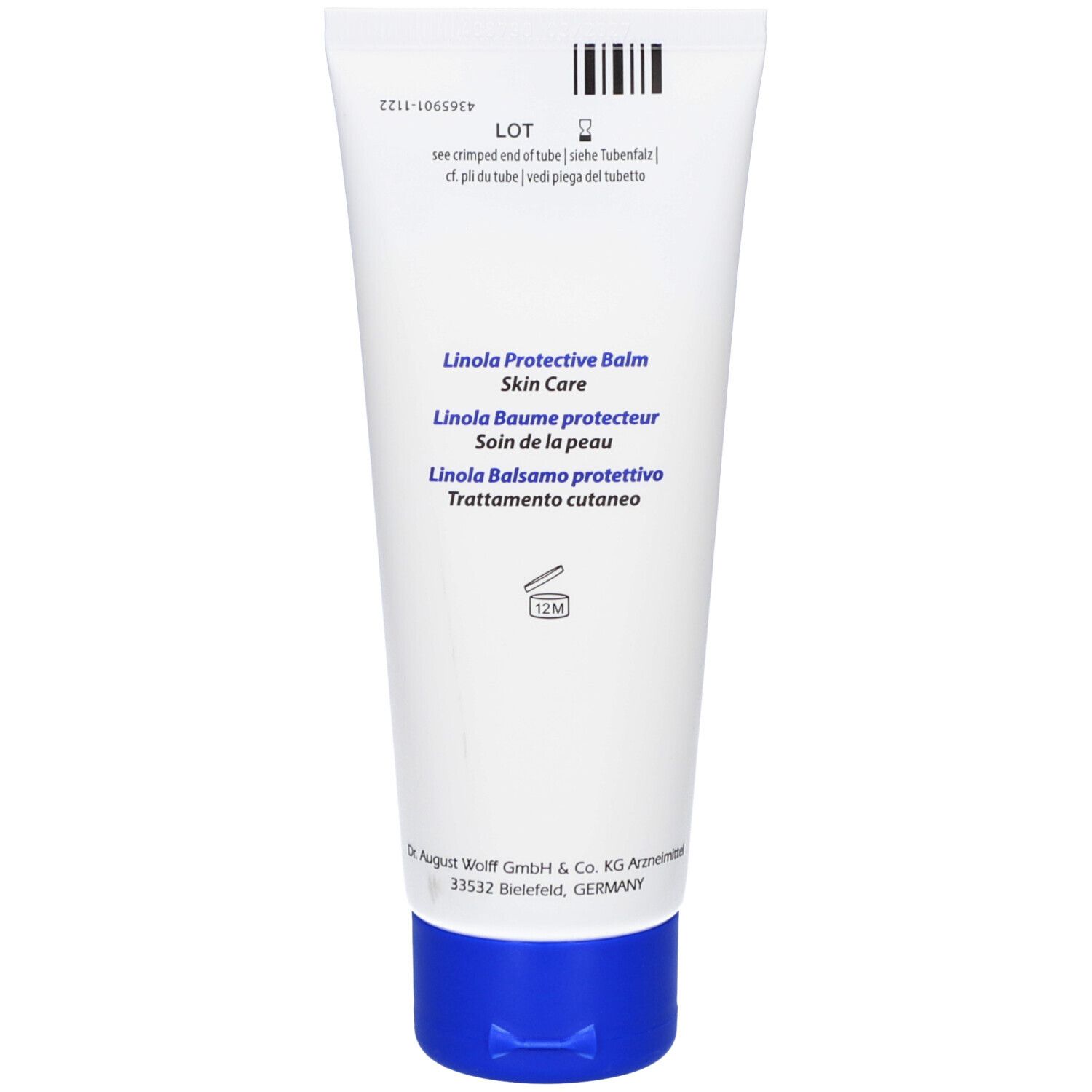 Rückseite der weißen Tube mit blauem Deckel. Text: Linola Protective Balm. Barcode.