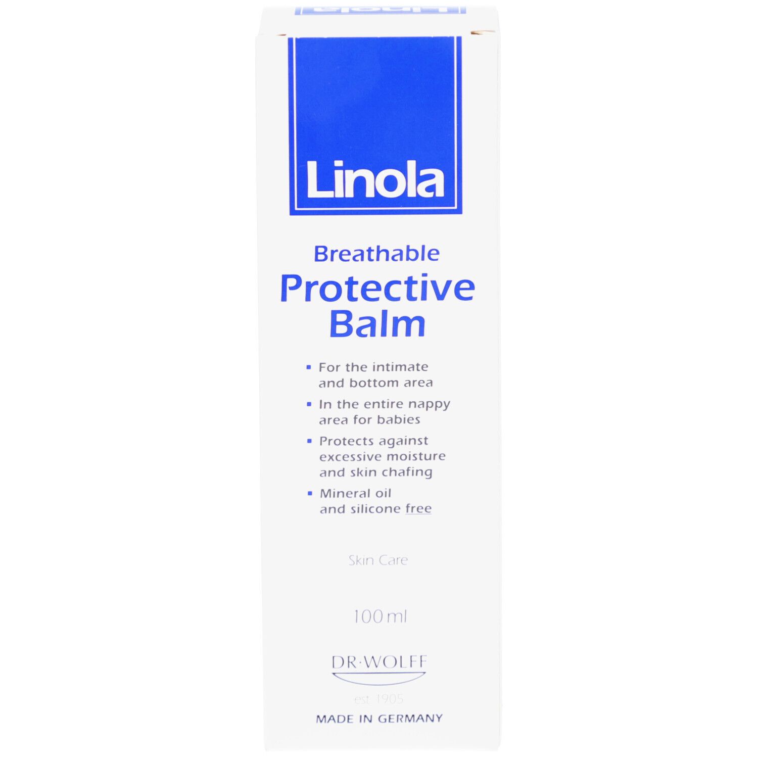 Weiße Schachtel mit blauem Streifen. Aufschrift: Breathable Protective Balm. 100ml.