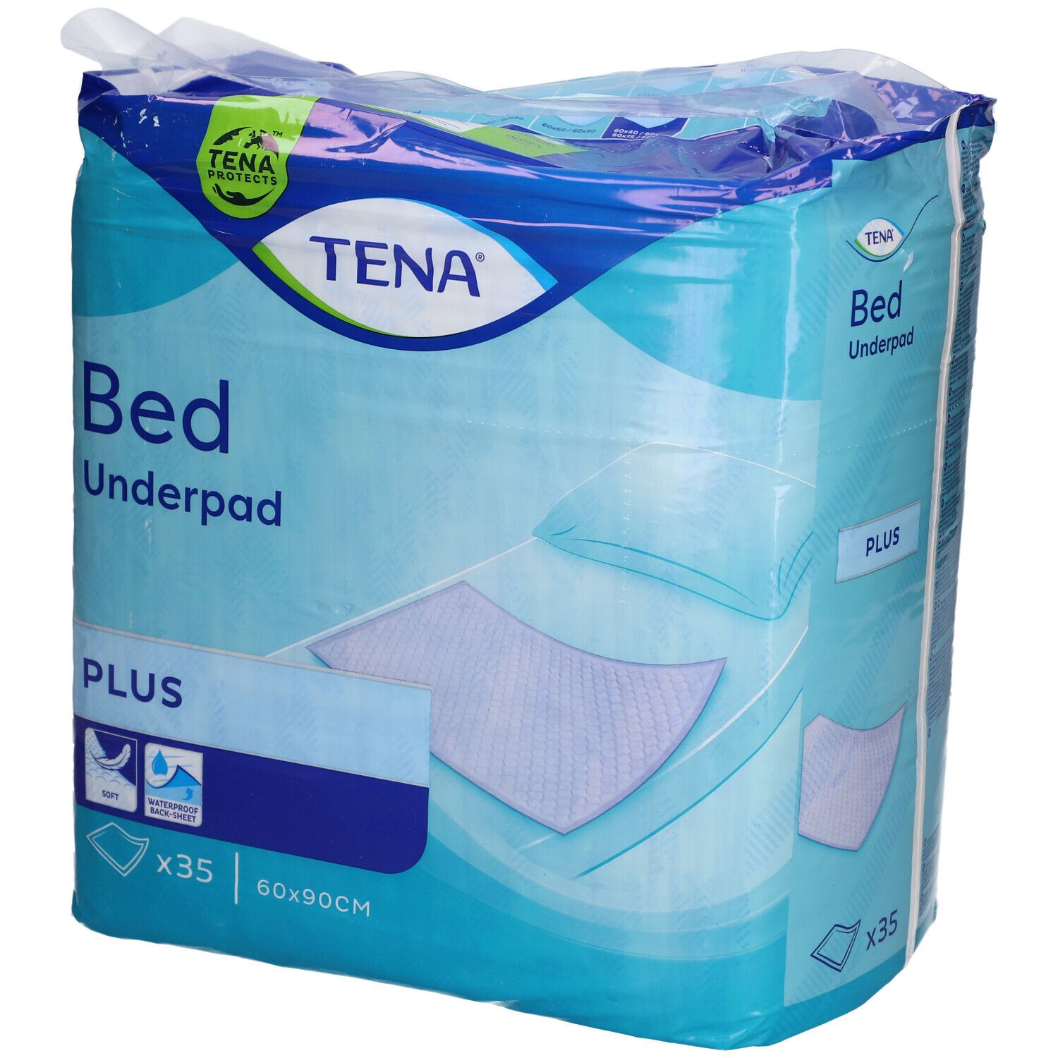 Verpackung TENA Bettunterlage Plus. Blaue Verpackung mit Produktabbildung und Text. Enthält 35 Stück, 60x90cm.