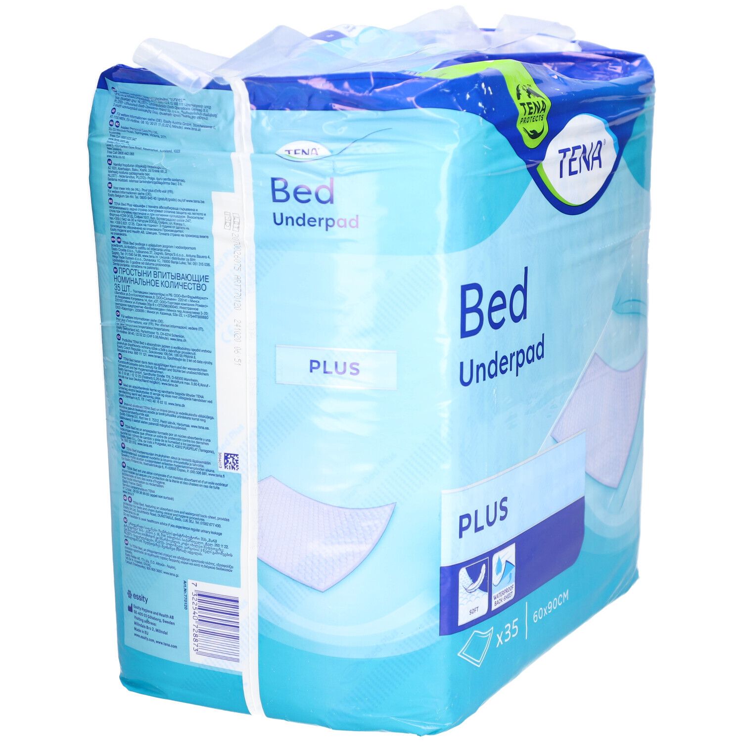 Verpackung TENA Bettunterlage Plus. Ansicht der Verpackung mit Produktinformationen und Text. Enthält 35 Stück, 60x90cm.