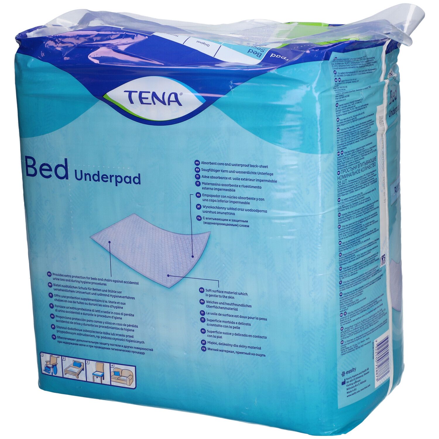 Verpackung TENA Bettunterlage Plus. Rückseite der Verpackung mit Produktinformationen und Text. Enthält 35 Stück, 60x90cm.