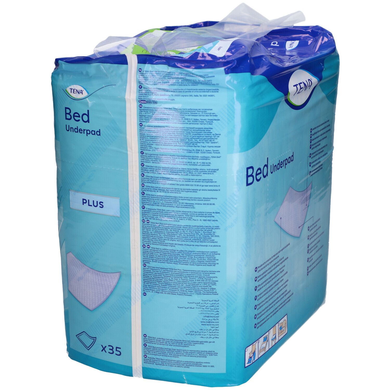 Verpackung TENA Bettunterlage Plus. Seitenansicht der Verpackung mit Produktinformationen und Text. Enthält 35 Stück, 60x90cm.