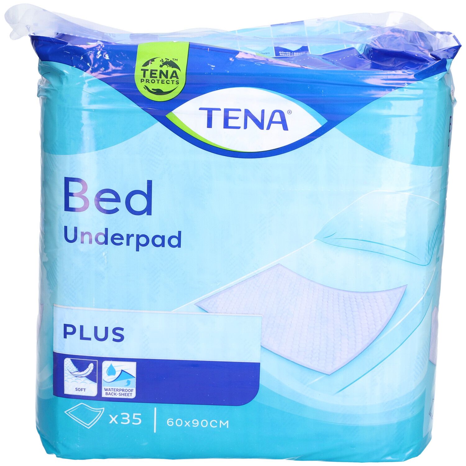 Verpackung TENA Bettunterlage Plus. Blaue Verpackung mit Produktabbildung und Text. Enthält 35 Stück, 60x90cm.