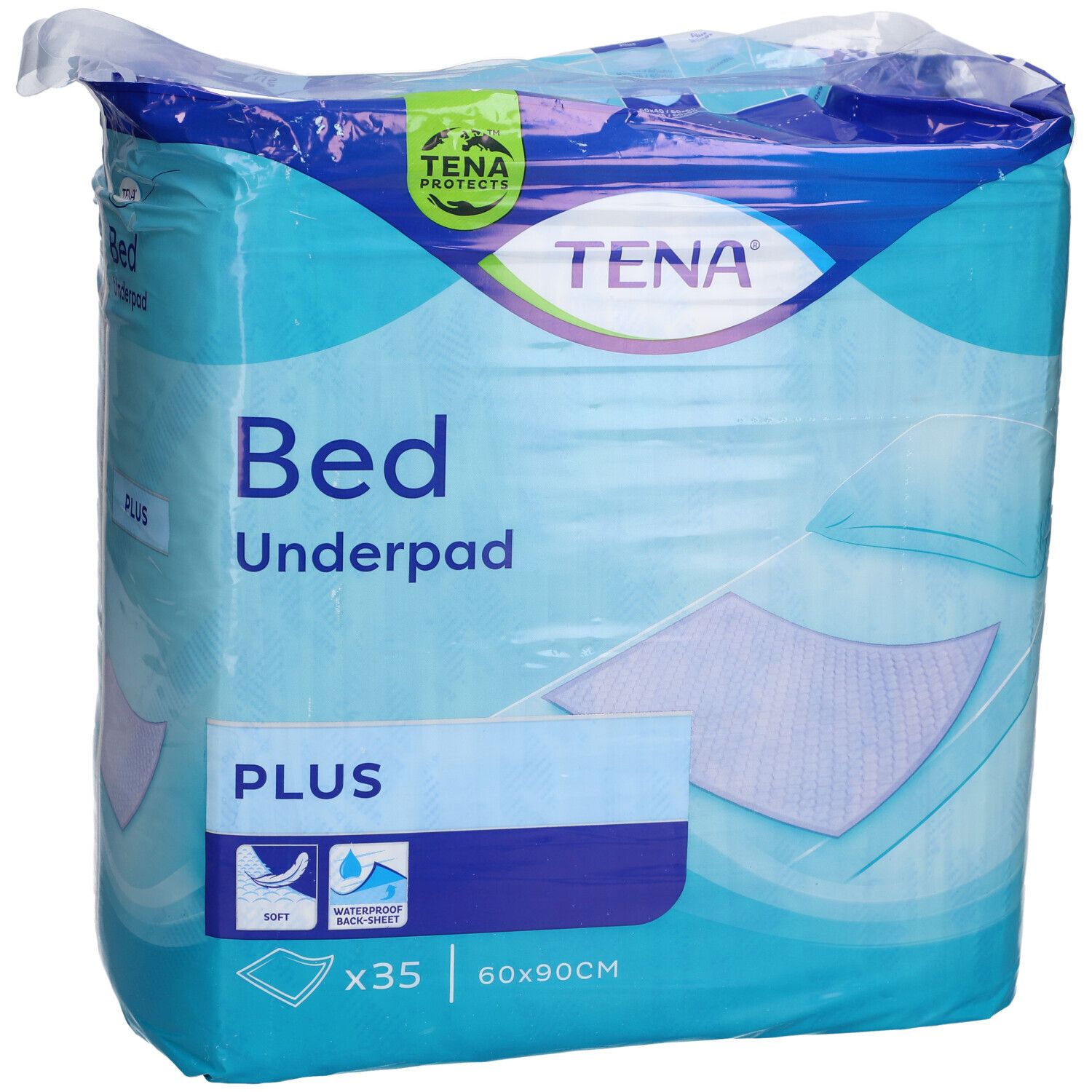Verpackung TENA Bettunterlage Plus. Blaue Verpackung mit Produktabbildung und Text. Enthält 35 Stück, 60x90cm.
