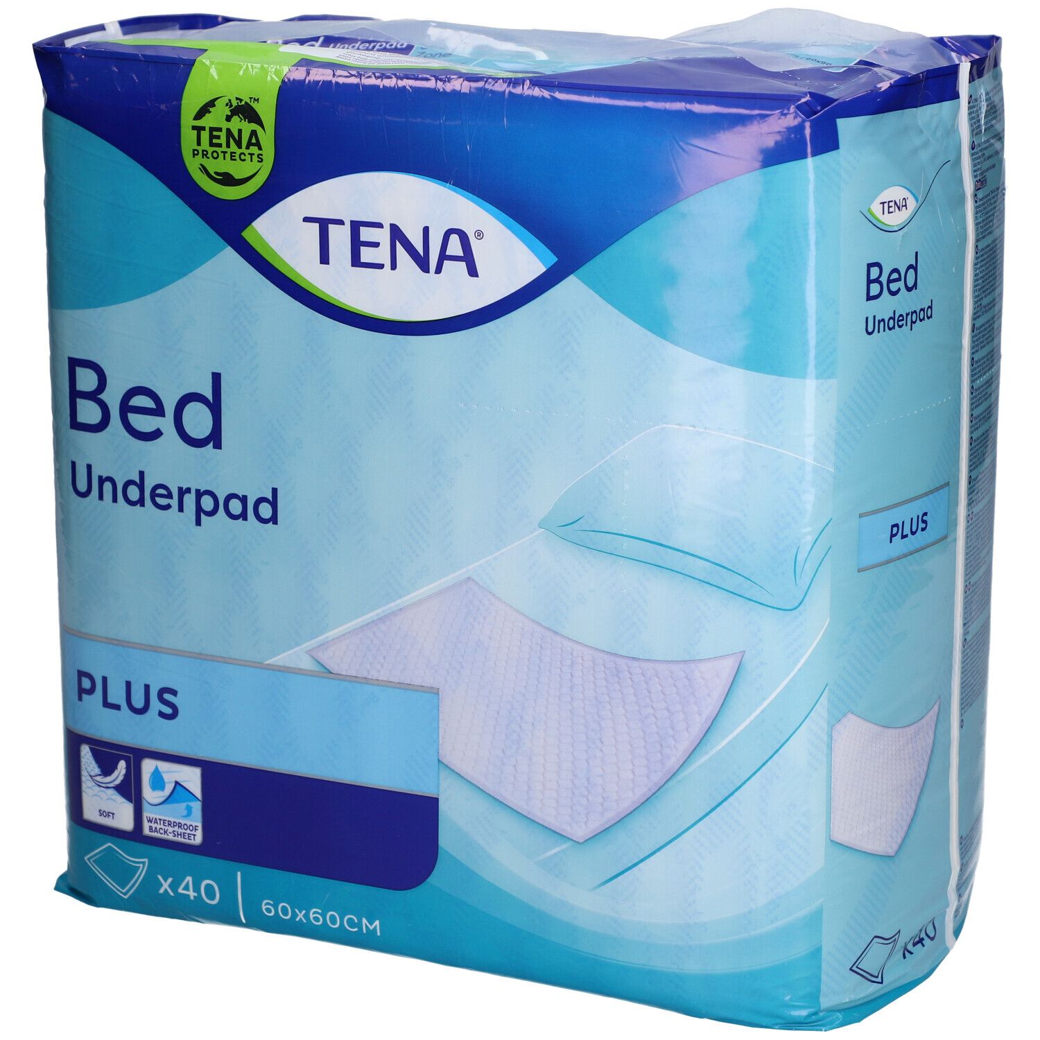 Verpackung TENA Bettunterlage Plus. Enthält 40 Stück, 60x60cm. Marke und Produktbezeichnung deutlich sichtbar.