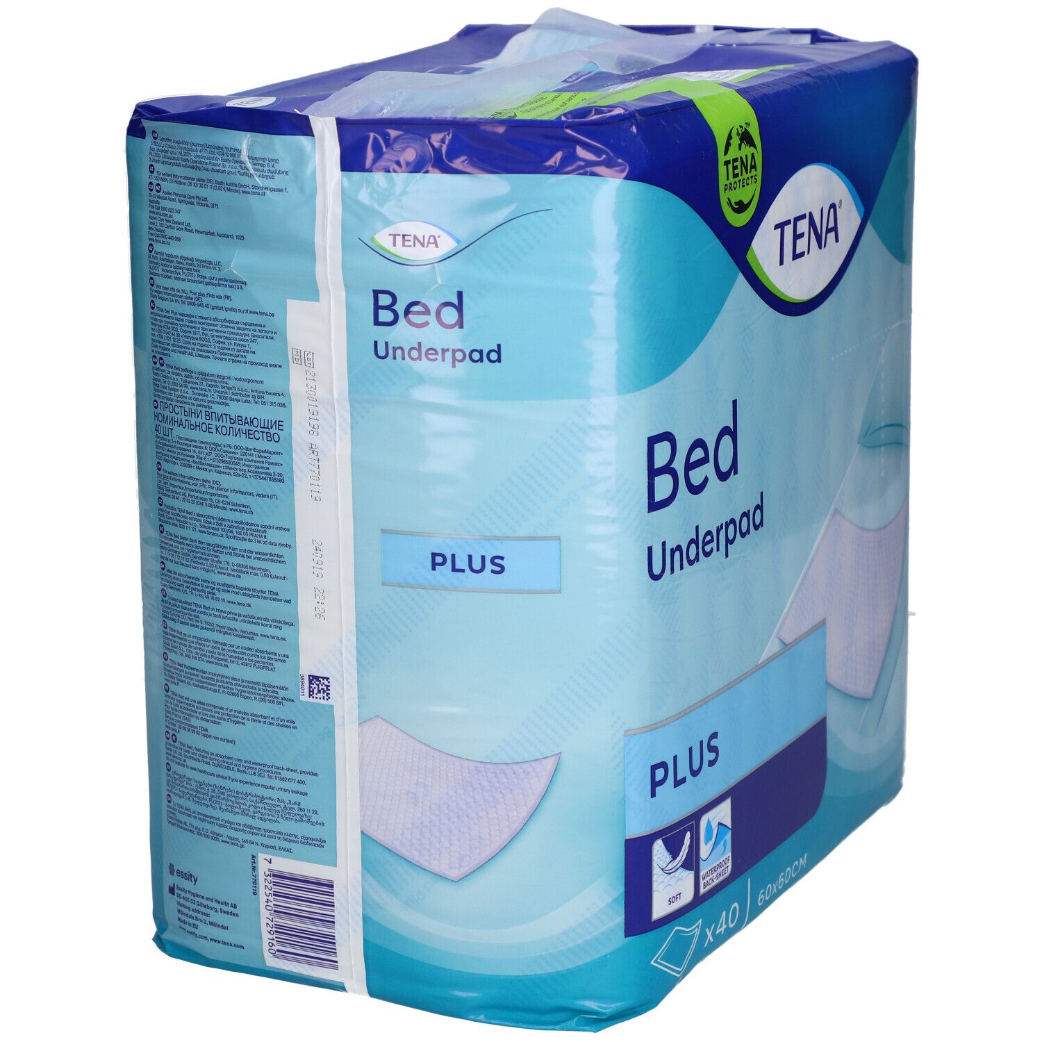 Verpackung TENA Bettunterlage Plus. Rückseite mit Produktinformationen. Enthält 40 Stück, 60x60cm.