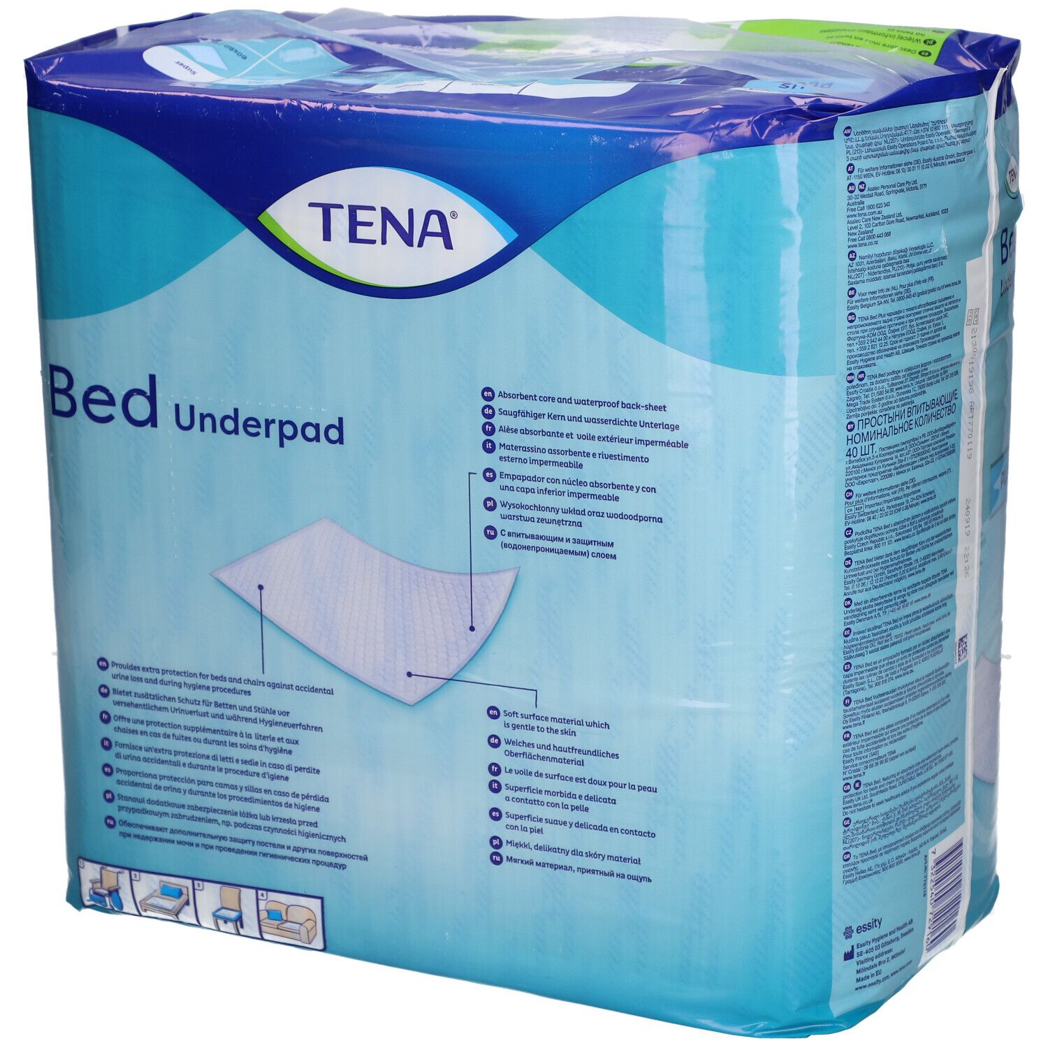 Verpackung TENA Bettunterlage Plus. Rückseite mit Produktmerkmalen. Enthält 40 Stück, 60x60cm.