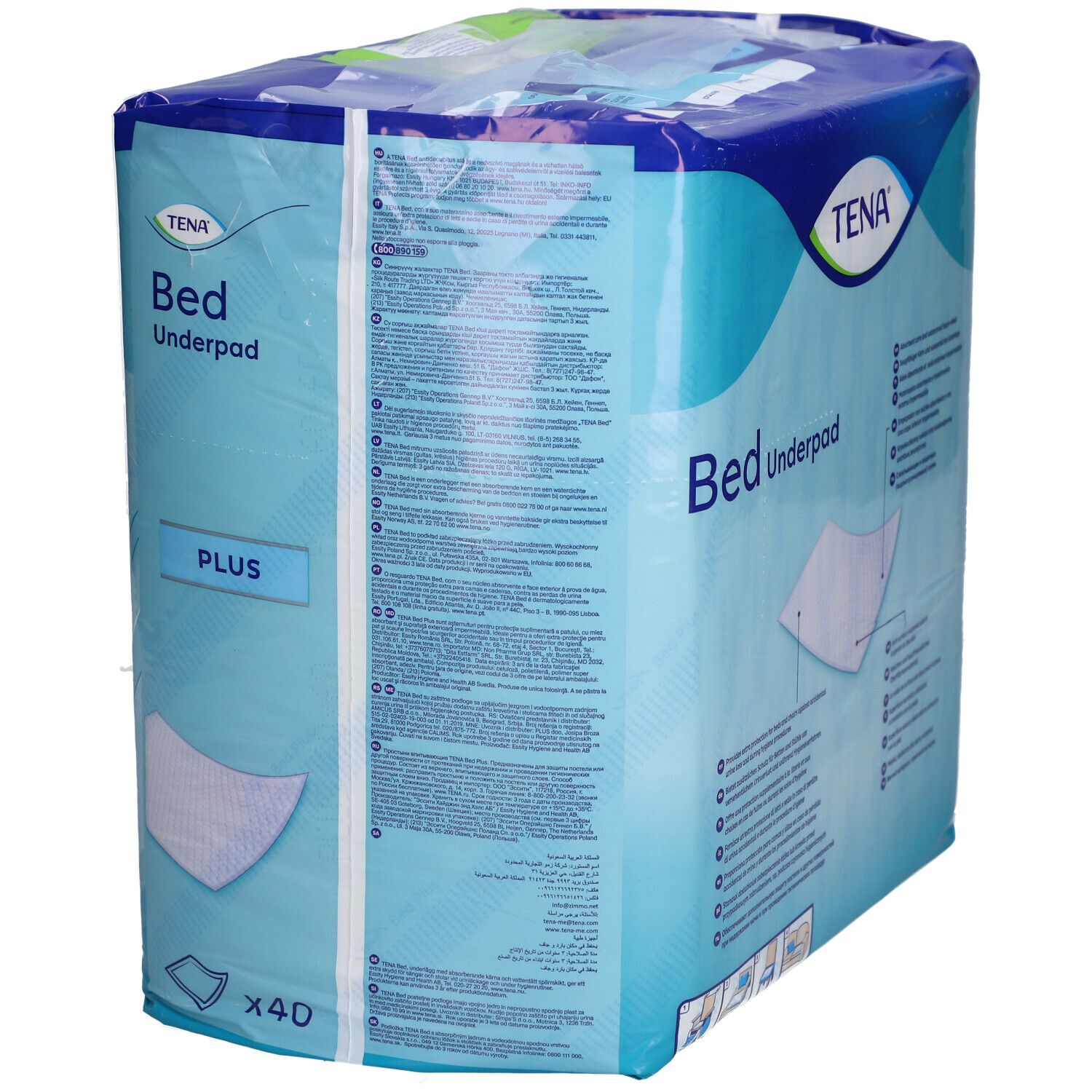 Verpackung TENA Bettunterlage Plus. Enthält 40 Stück, 60x60cm. Marke und Produktbezeichnung deutlich sichtbar.