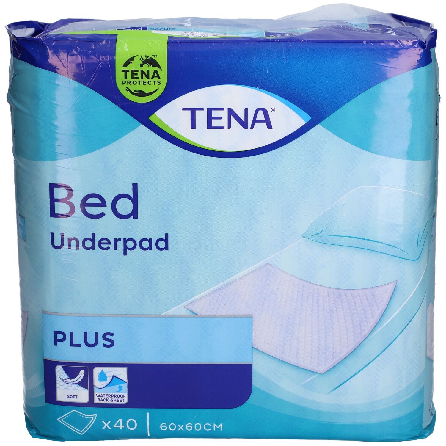 Verpackung TENA Bettunterlage Plus. Enthält 40 Stück, 60x60cm. Marke und Produktbezeichnung deutlich sichtbar.