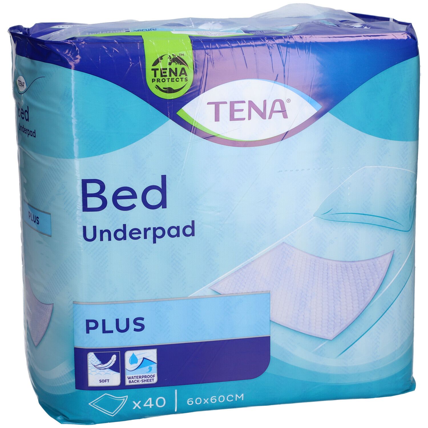 Verpackung TENA Bettunterlage Plus. Enthält 40 Stück, 60x60cm. Marke und Produktbezeichnung deutlich sichtbar.