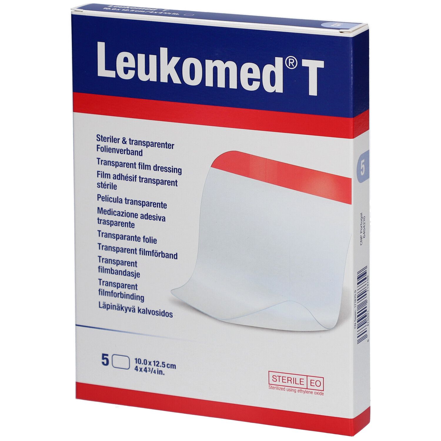 Verpackung von Leukomed T. Enthält 5 sterile, transparente Folienverbände. Größe: 10 x 12,5 cm.