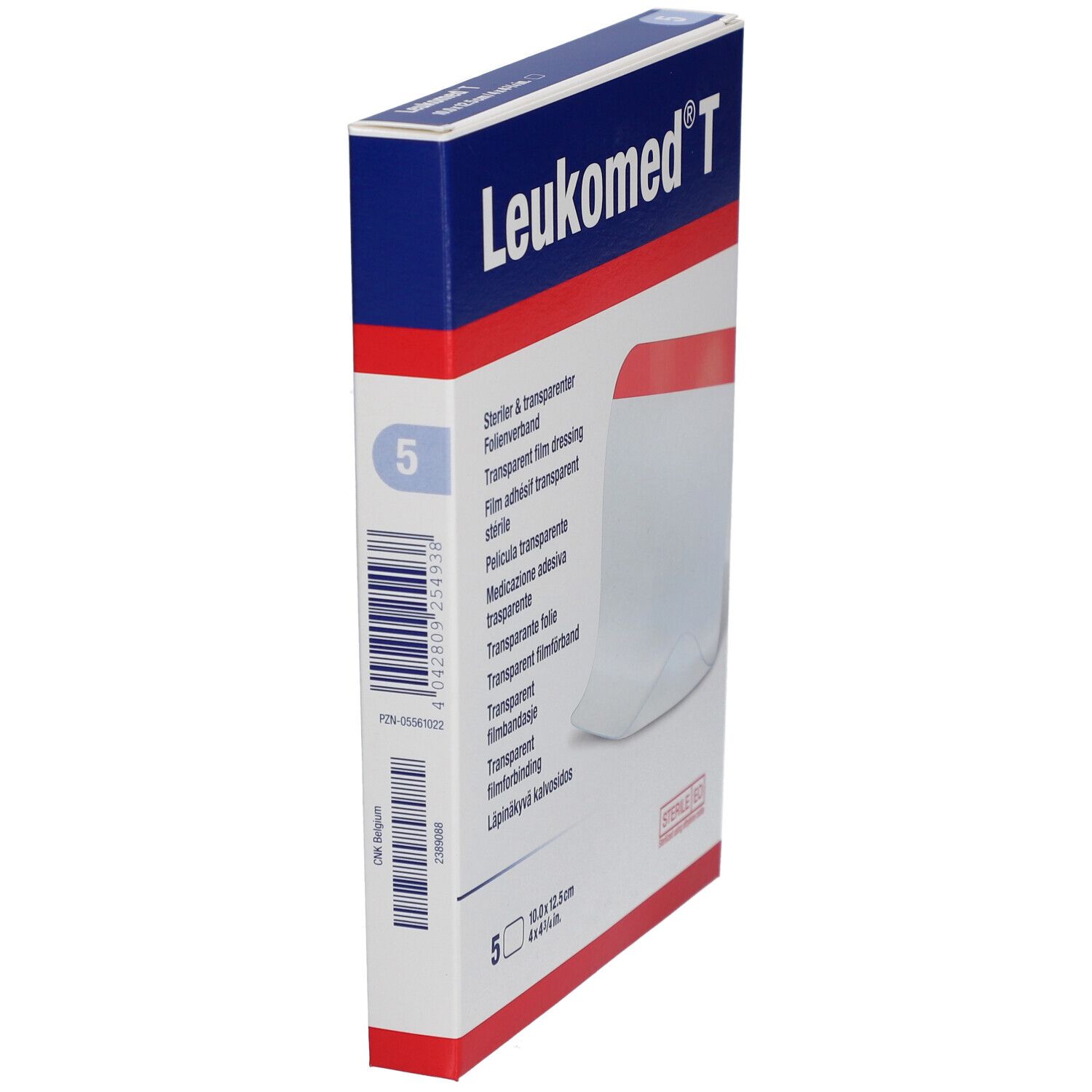 Leukomed T Verpackung, Seitenansicht. Enthält 5 sterile Folienverbände. Größe: 10 x 12,5 cm.
