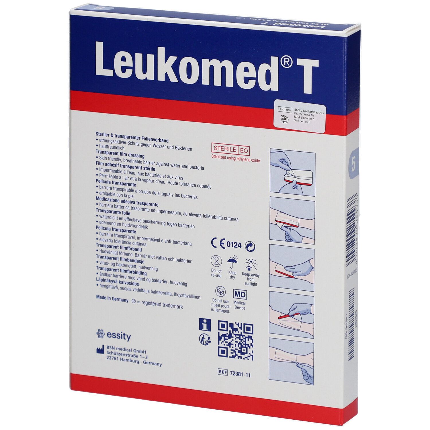 Rückseite der Leukomed T Verpackung. Illustrationen zur Anwendung. Enthält 5 sterile Folienverbände.