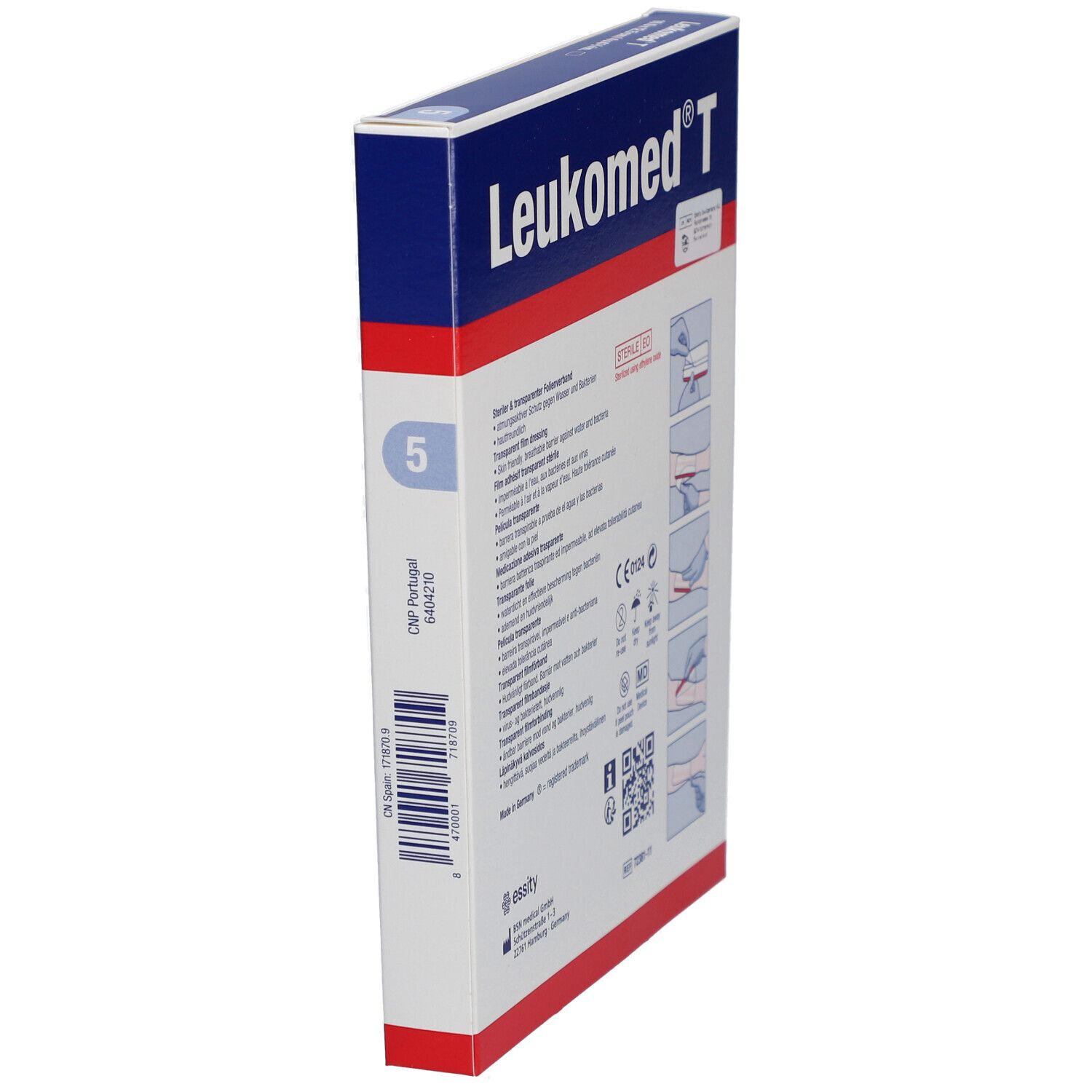 Leukomed T Verpackung, Seitenansicht. Enthält 5 sterile Folienverbände. Details und Anwendungshinweise.