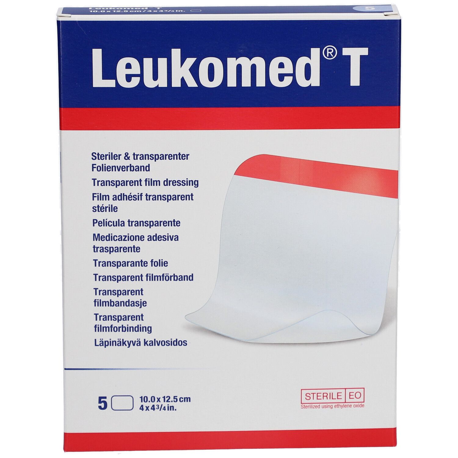 Verpackung von Leukomed T. Enthält 5 sterile, transparente Folienverbände. Größe: 10 x 12,5 cm.