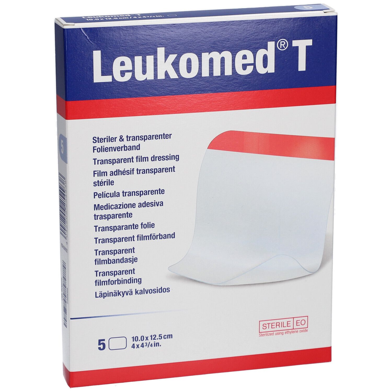 Verpackung von Leukomed T. Enthält 5 sterile, transparente Folienverbände. Größe: 10 x 12,5 cm.