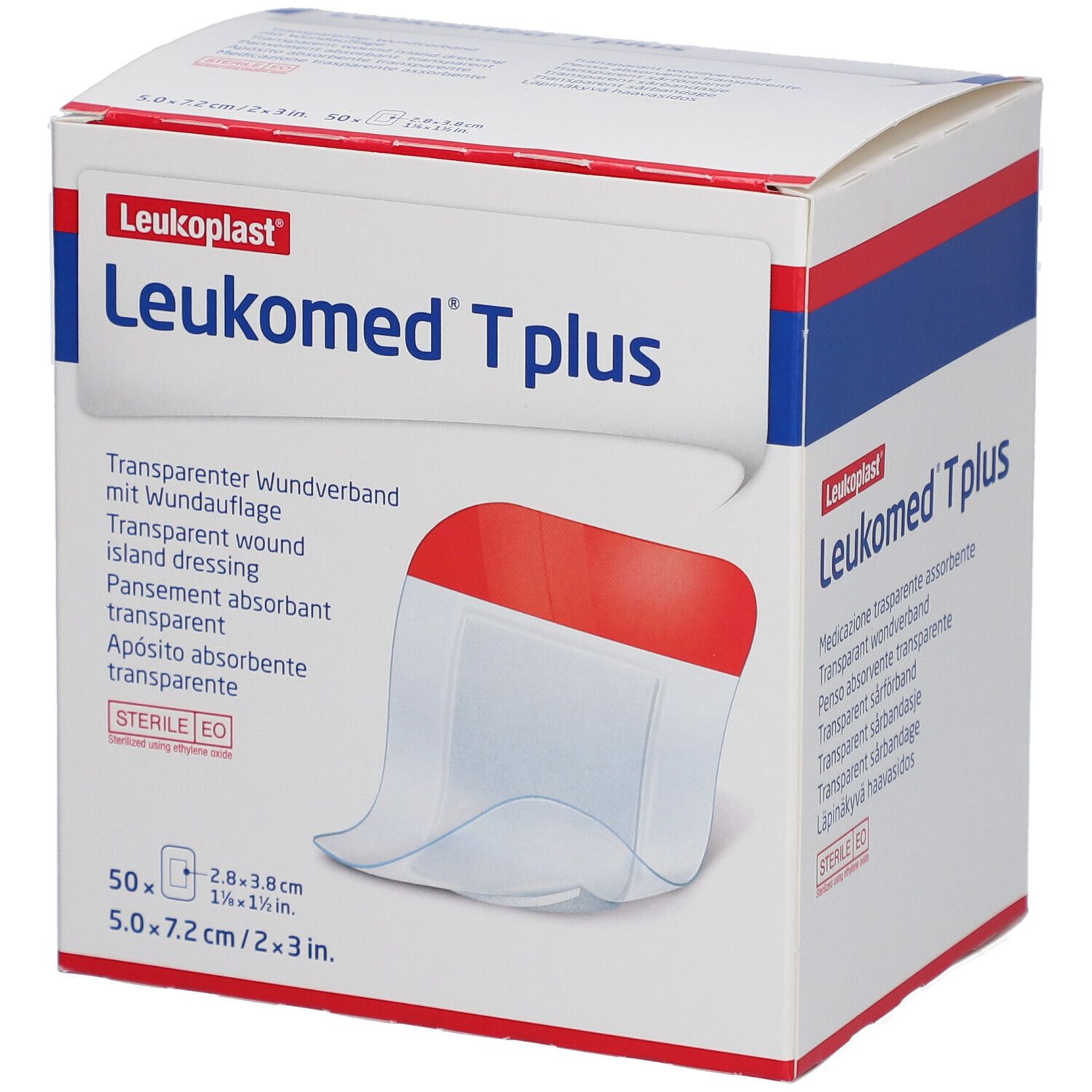 Verpackung von Leukomed T plus. Transparenter Wundverband. 50 Stück. Größe: 7,2 x 5 cm. Steril.