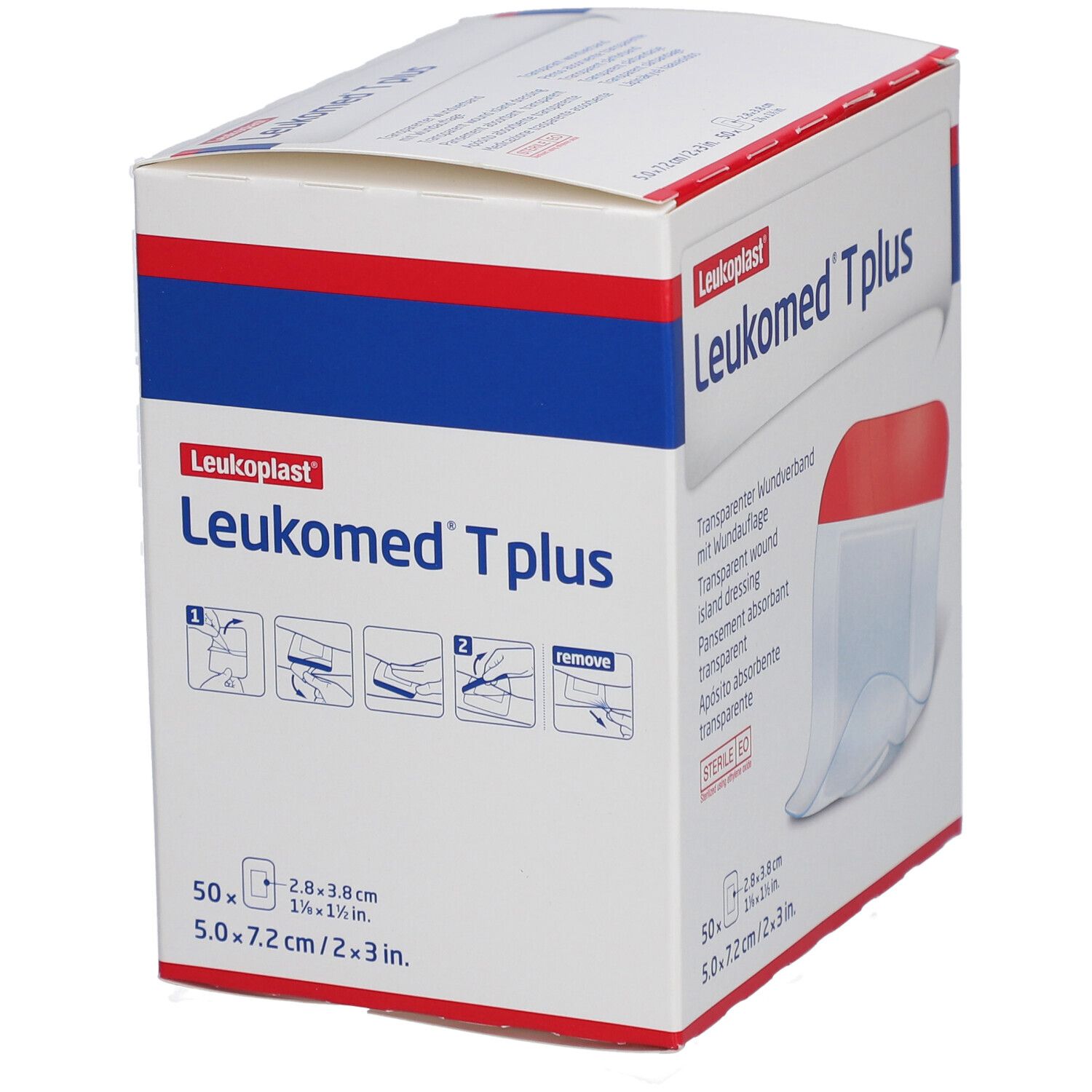 Verpackung von Leukomed T plus. Transparenter Wundverband. 50 Stück. Größe: 7,2 x 5 cm. Steril. Anwendungsanleitung.