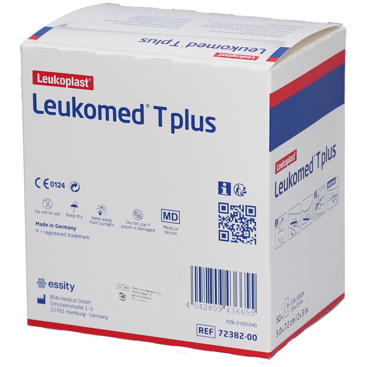 Verpackung von Leukomed T plus. Transparenter Wundverband. 50 Stück. Größe: 7,2 x 5 cm. Steril. Medizinprodukt.