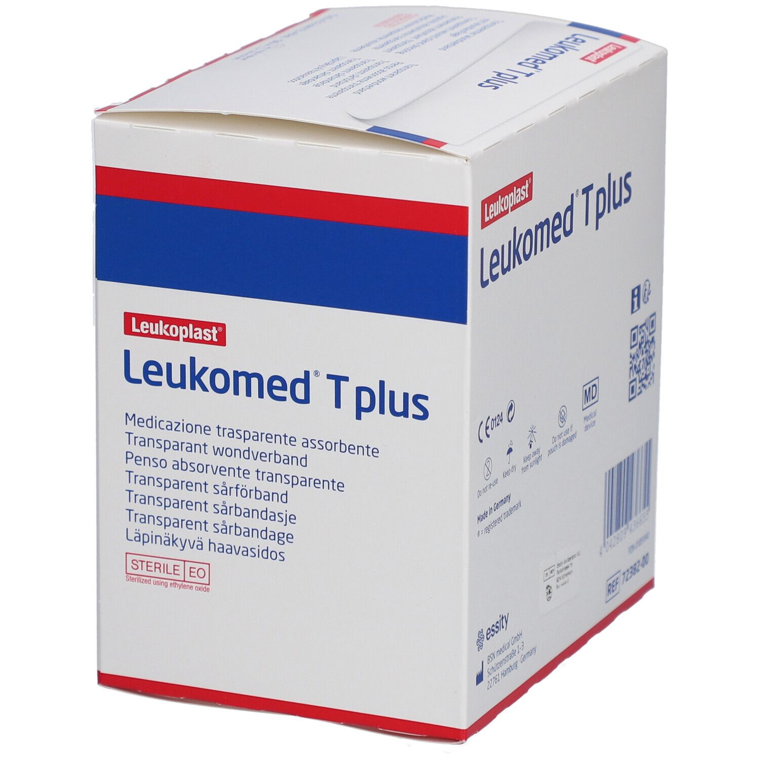 Verpackung von Leukomed T plus. Transparenter Wundverband. 50 Stück. Größe: 7,2 x 5 cm. Steril.