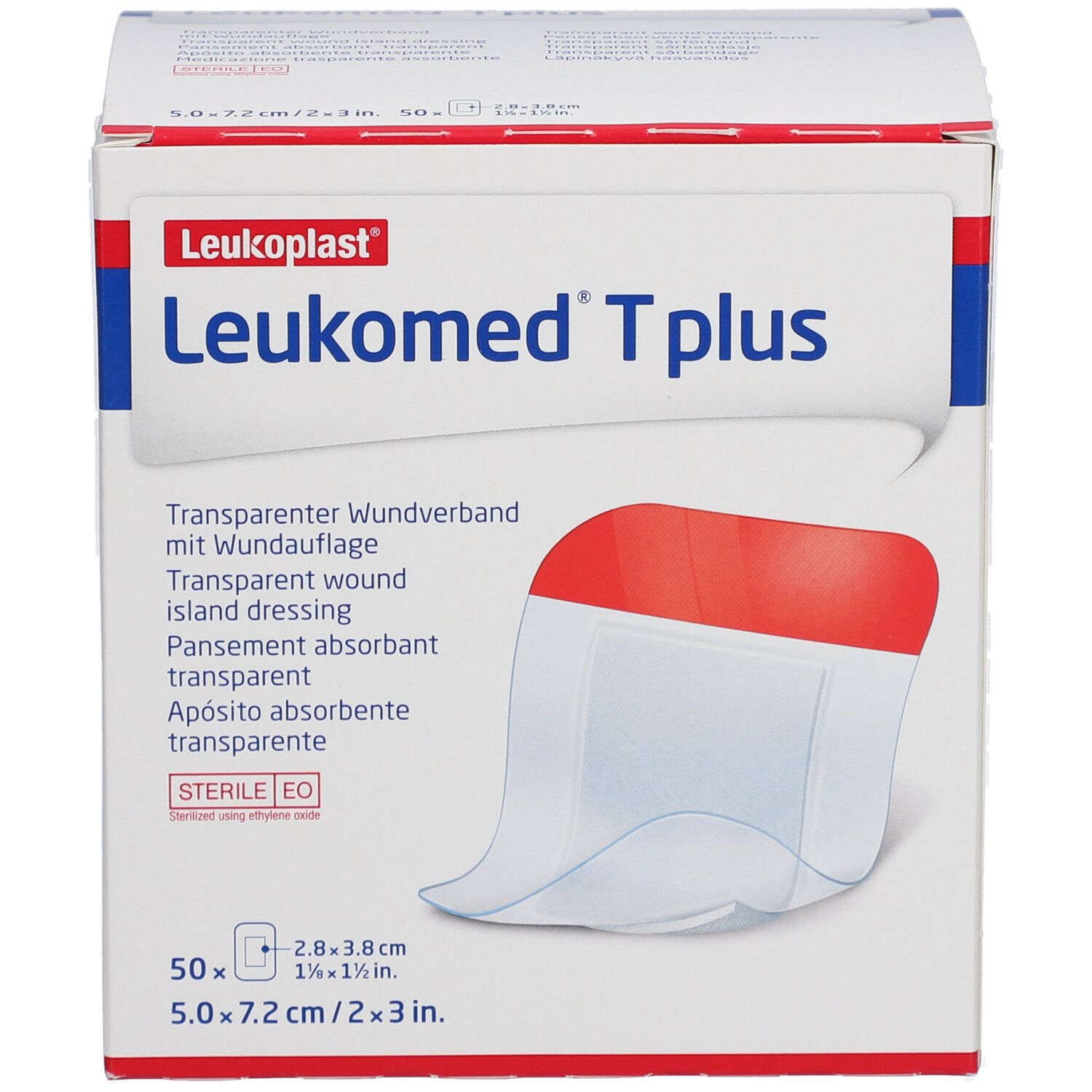 Verpackung von Leukomed T plus. Transparenter Wundverband. 50 Stück. Größe: 7,2 x 5 cm. Steril.