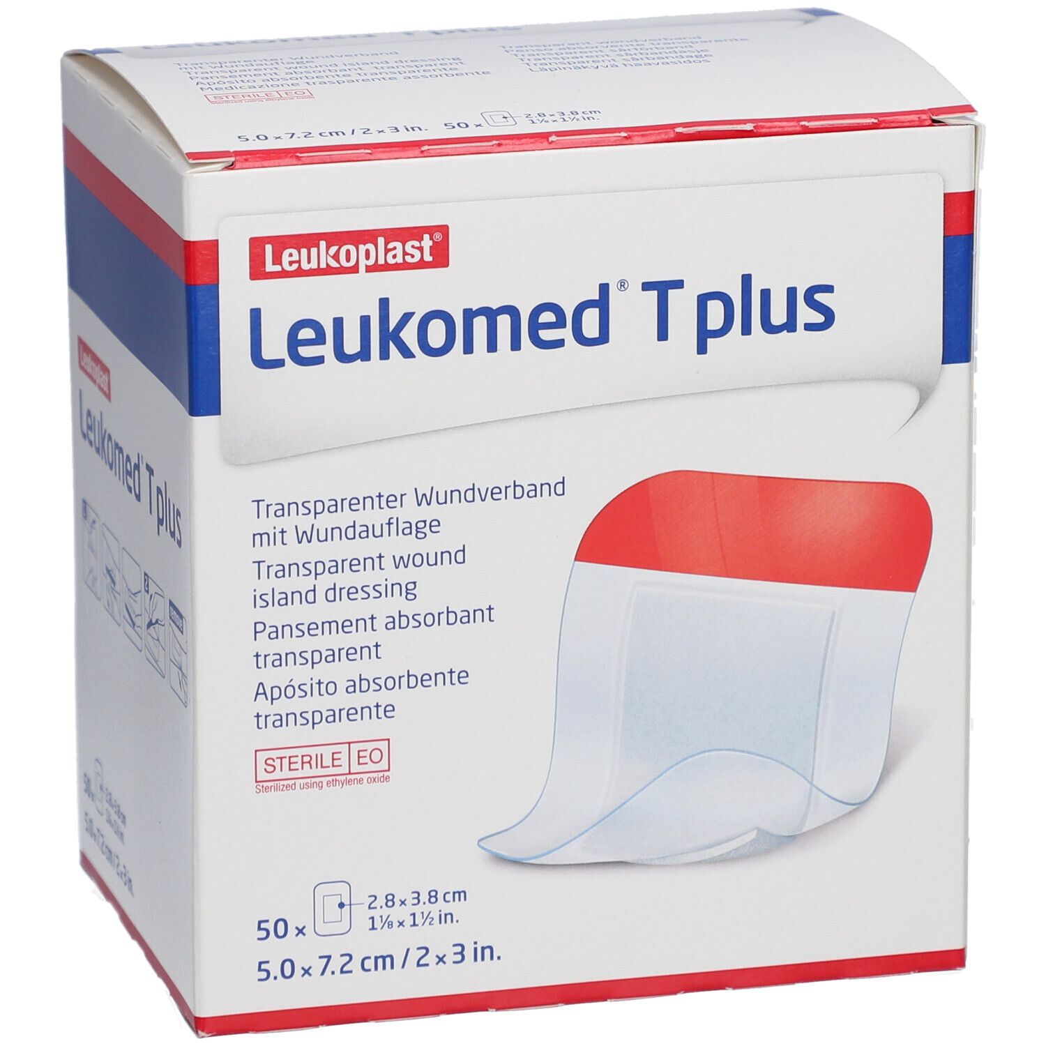 Verpackung von Leukomed T plus. Transparenter Wundverband. 50 Stück. Größe: 7,2 x 5 cm. Steril.