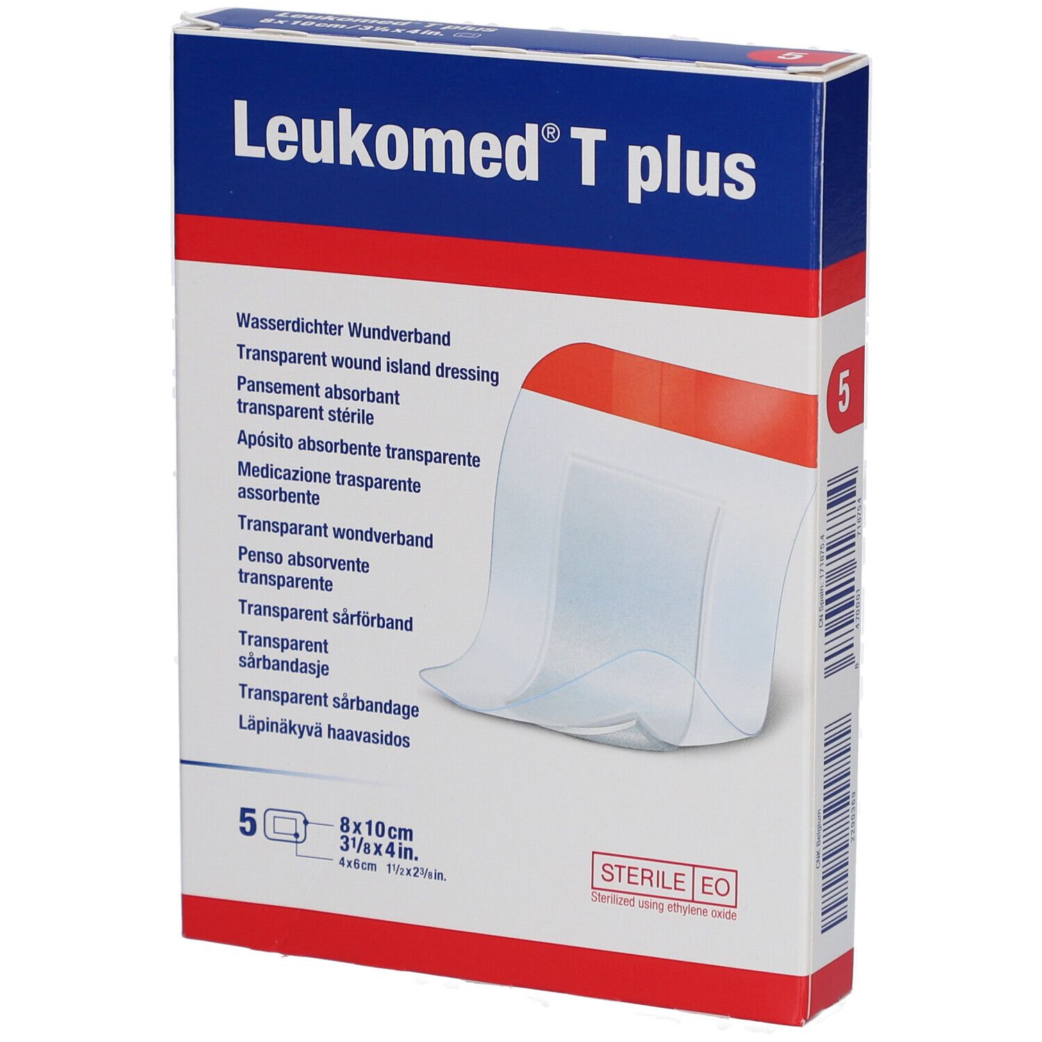 Verpackung mit 5 transparenten Wundverbänden. Größe 8x10cm. Steril.