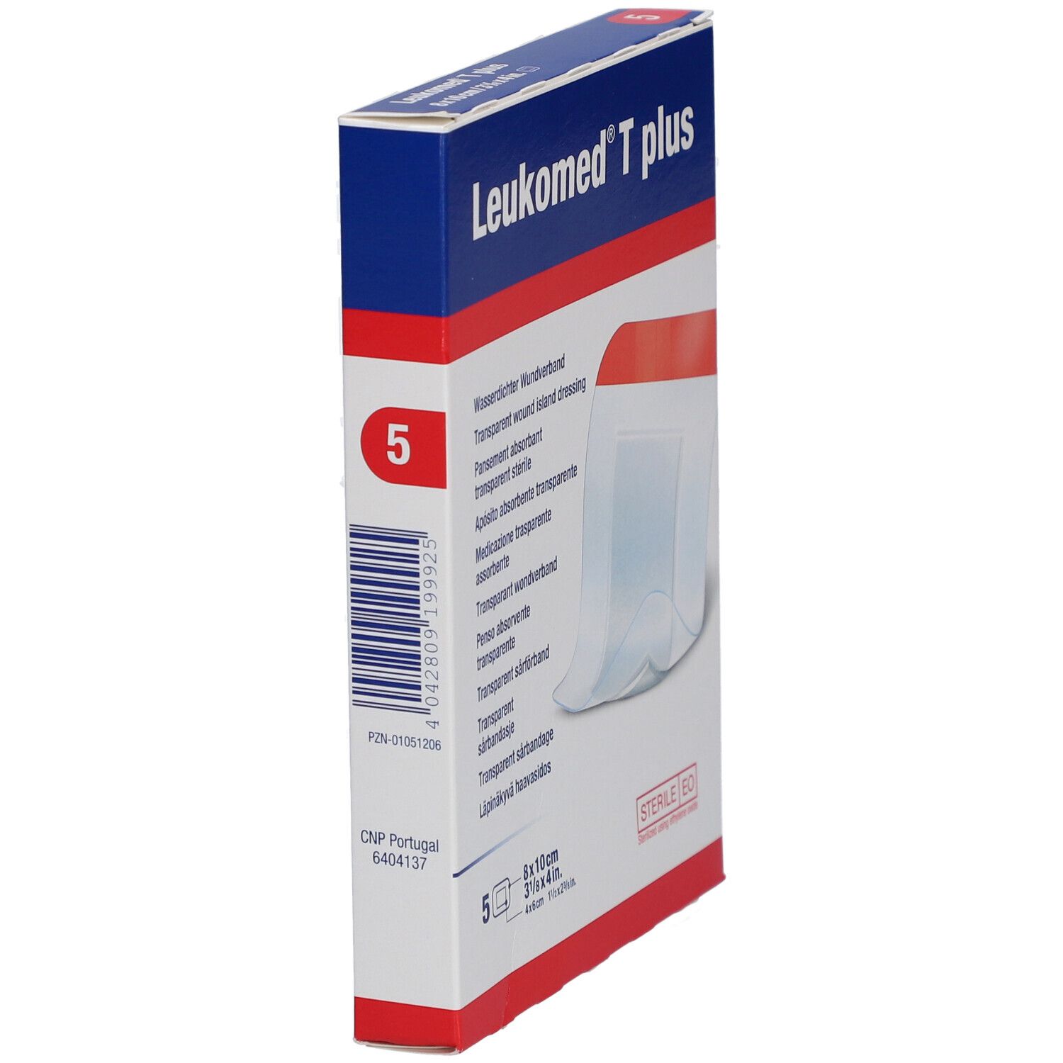 Schrägansicht der Verpackung mit 5 transparenten Wundverbänden. Größe 8x10cm.