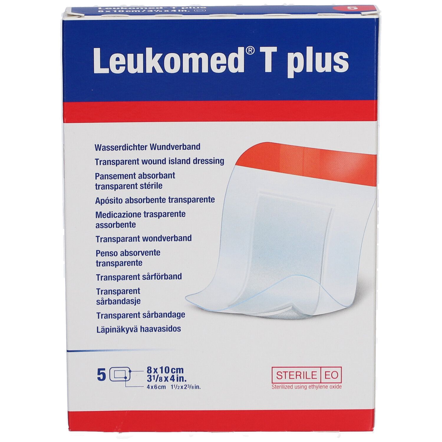 Verpackung mit 5 transparenten Wundverbänden. Größe 8x10cm. Steril.
