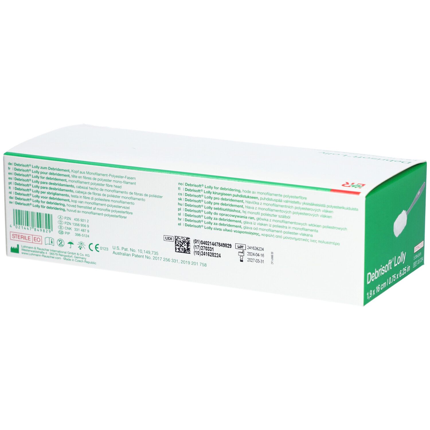 Dos de l'emballage du produit. Informations et marquages multilingues sur le produit.
