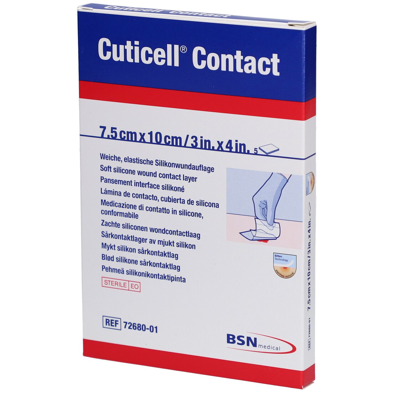 Verpackung von Cuticell Contact. Aufdruck: 7,5 cm x 10 cm. Produktname und Beschreibung in mehreren Sprachen.
