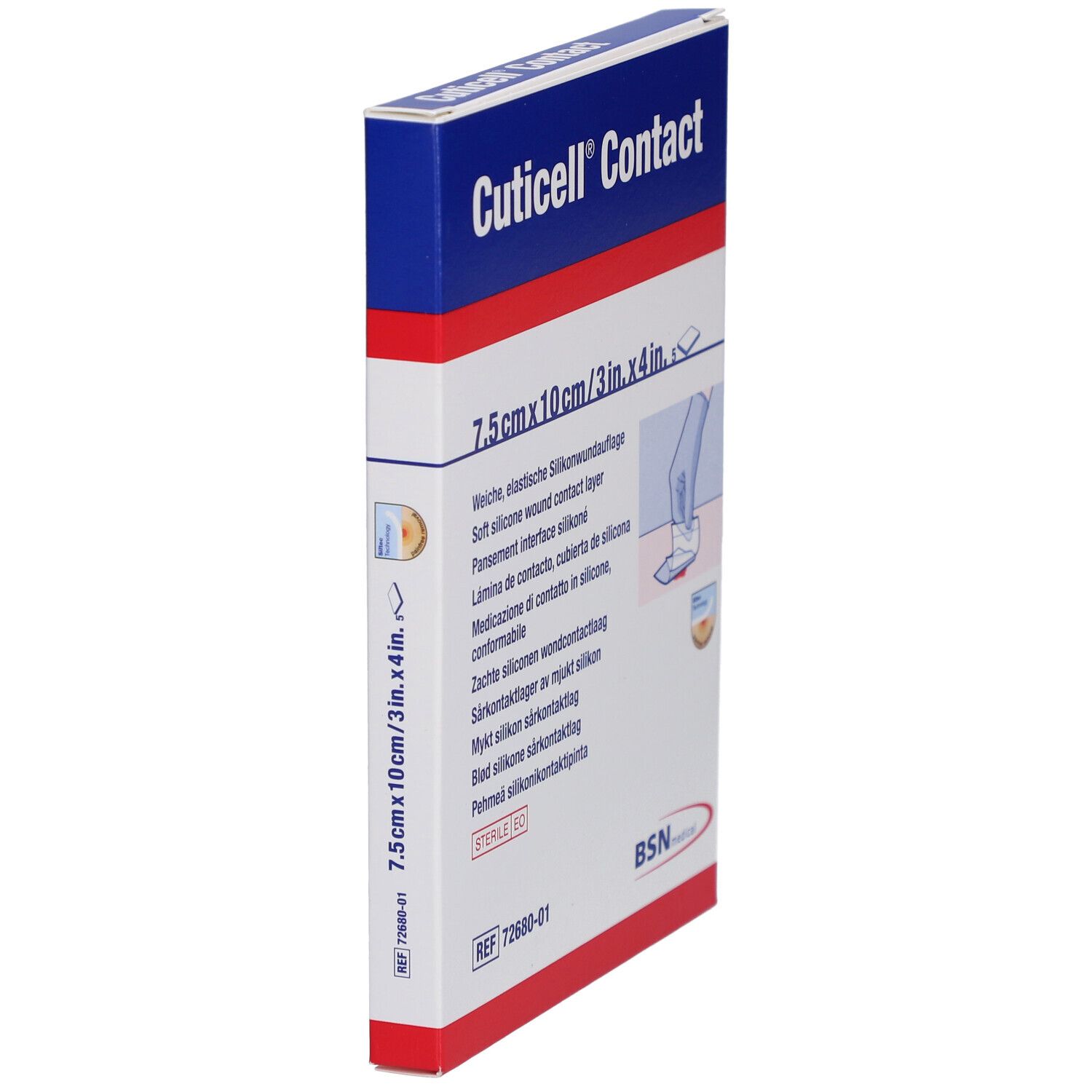 Seitenansicht der Cuticell Contact Verpackung. Produktname und Größenangabe: 7,5 cm x 10 cm. Mehrsprachige Produktbeschreibung.