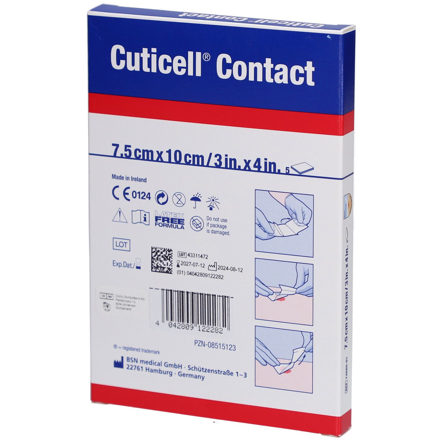 Rückseite der Cuticell Contact Verpackung. Produktname, Größenangabe: 7,5 cm x 10 cm. Informationen und Piktogramme.