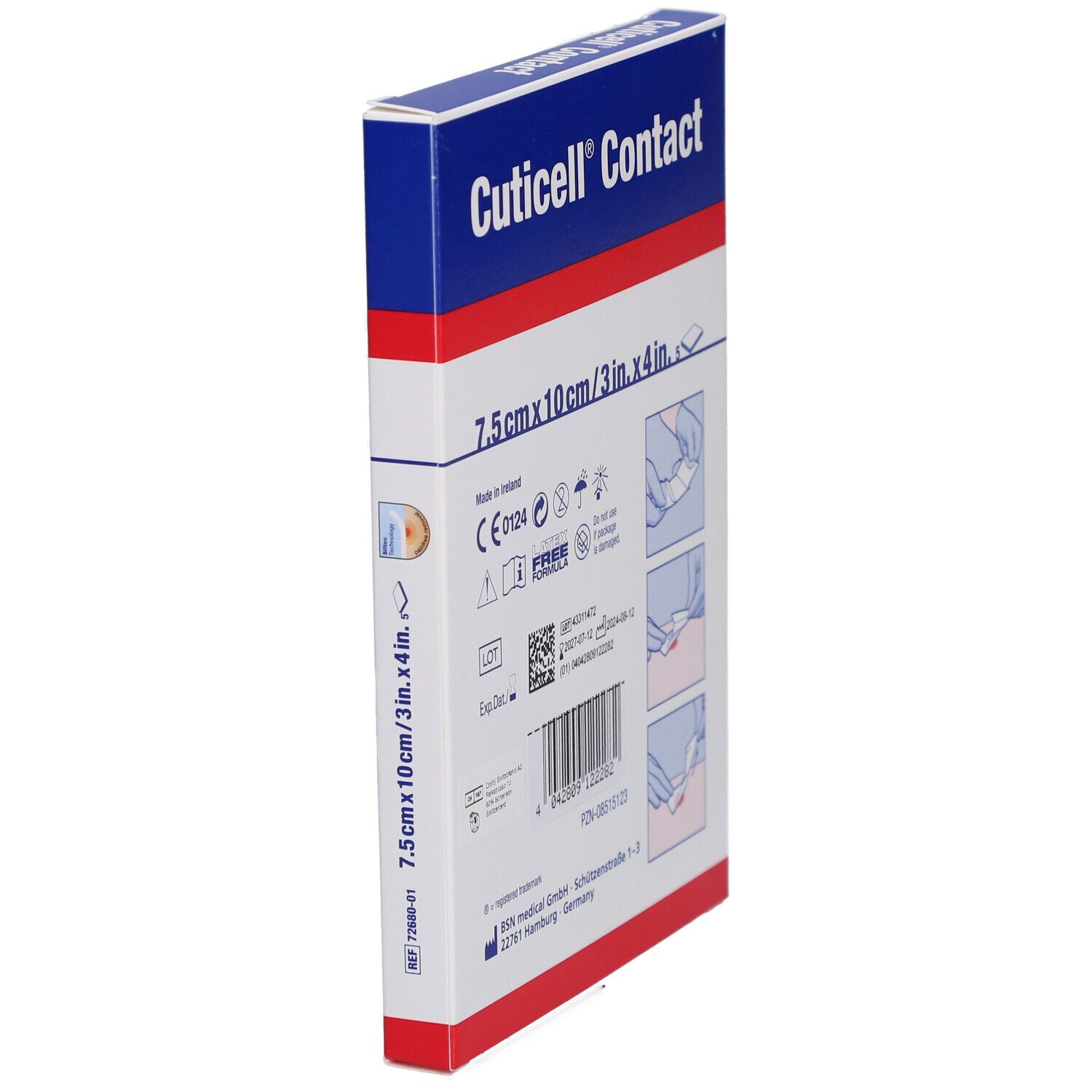 Seitenansicht der Cuticell Contact Verpackung. Produktname, Größenangabe: 7,5 cm x 10 cm. Mehrsprachige Produktbeschreibung.