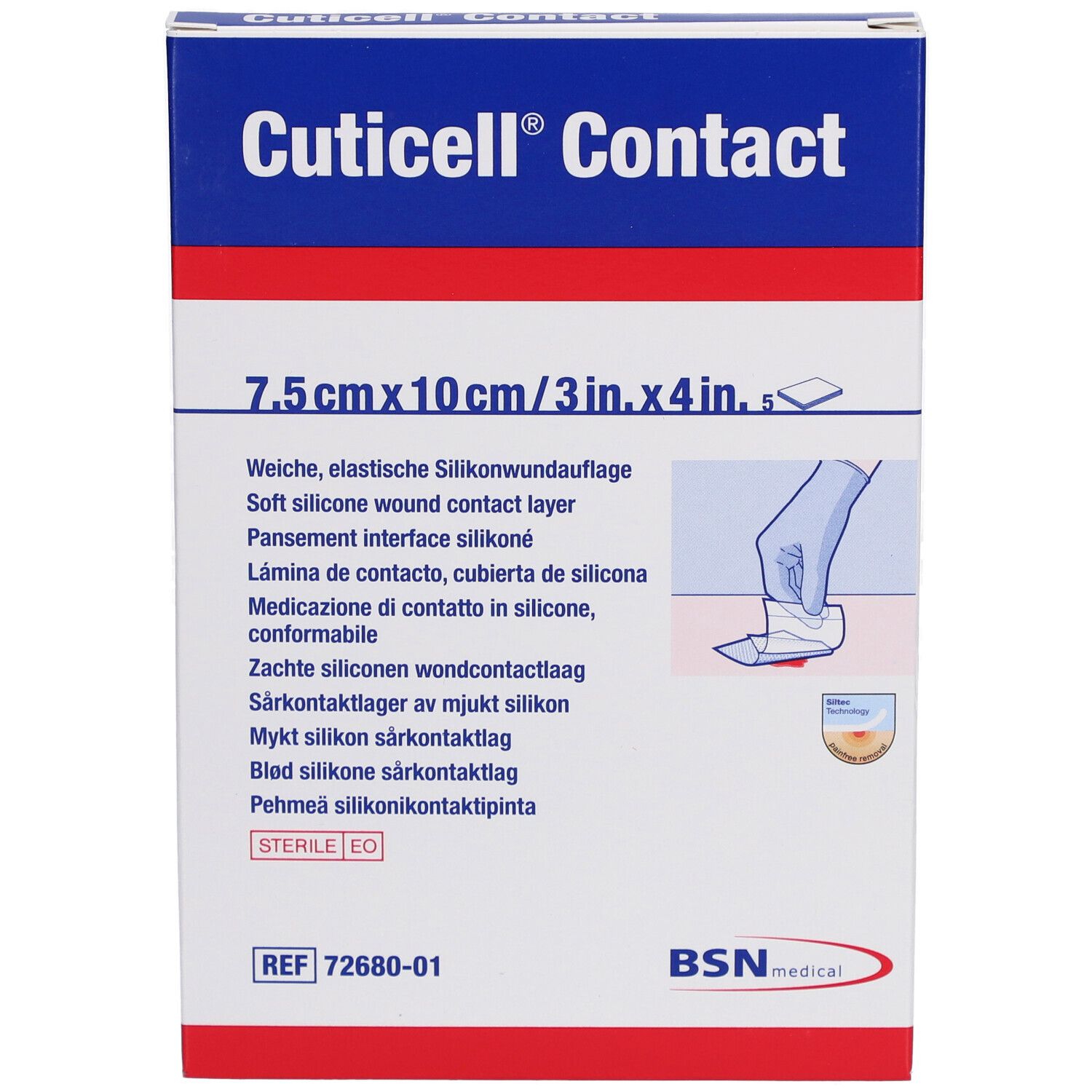 Vorderseite der Cuticell Contact Verpackung. Produktname, Größenangabe: 7,5 cm x 10 cm. Mehrsprachige Produktbeschreibung.