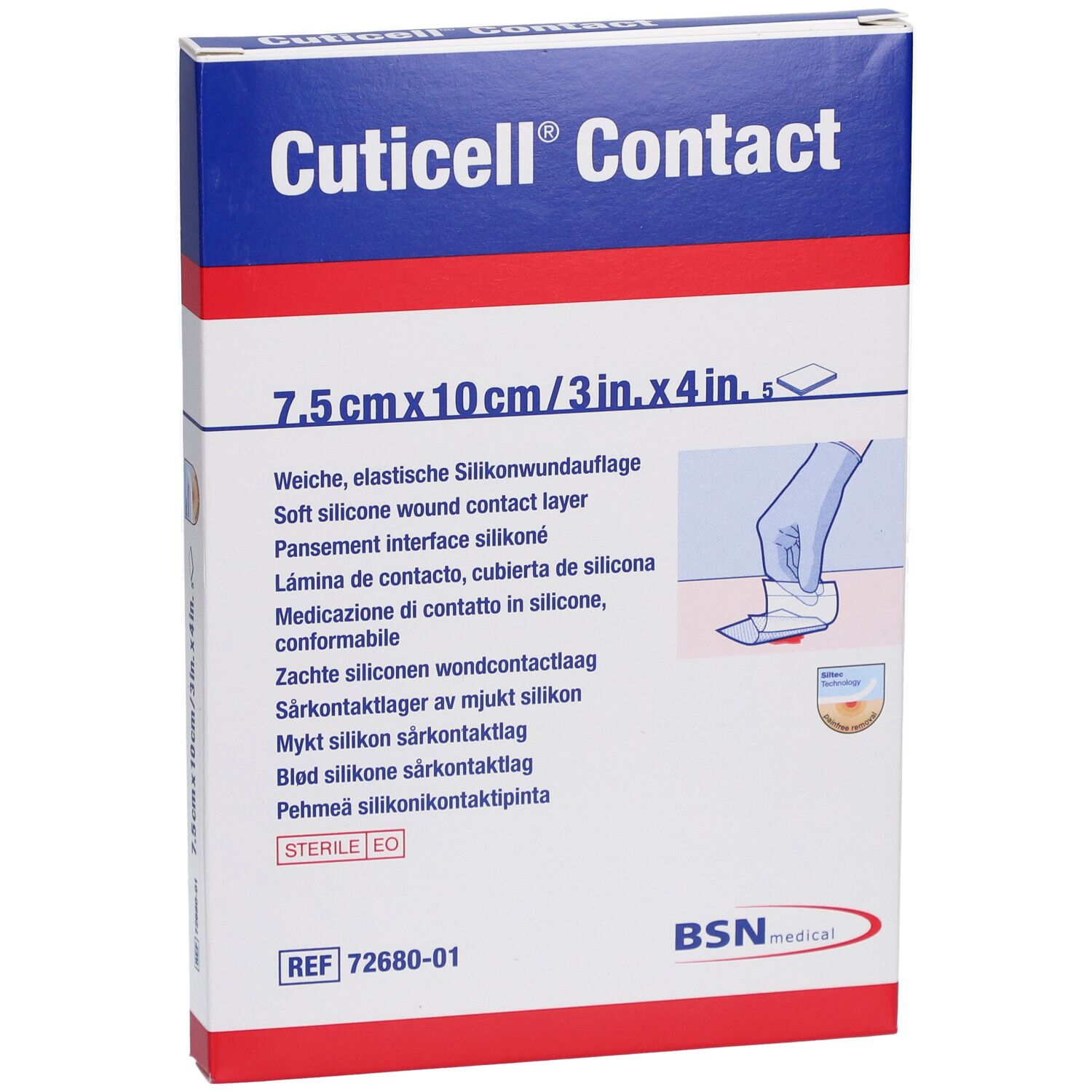 Vorderseite der Cuticell Contact Verpackung. Produktname, Größenangabe: 7,5 cm x 10 cm. Mehrsprachige Produktbeschreibung.