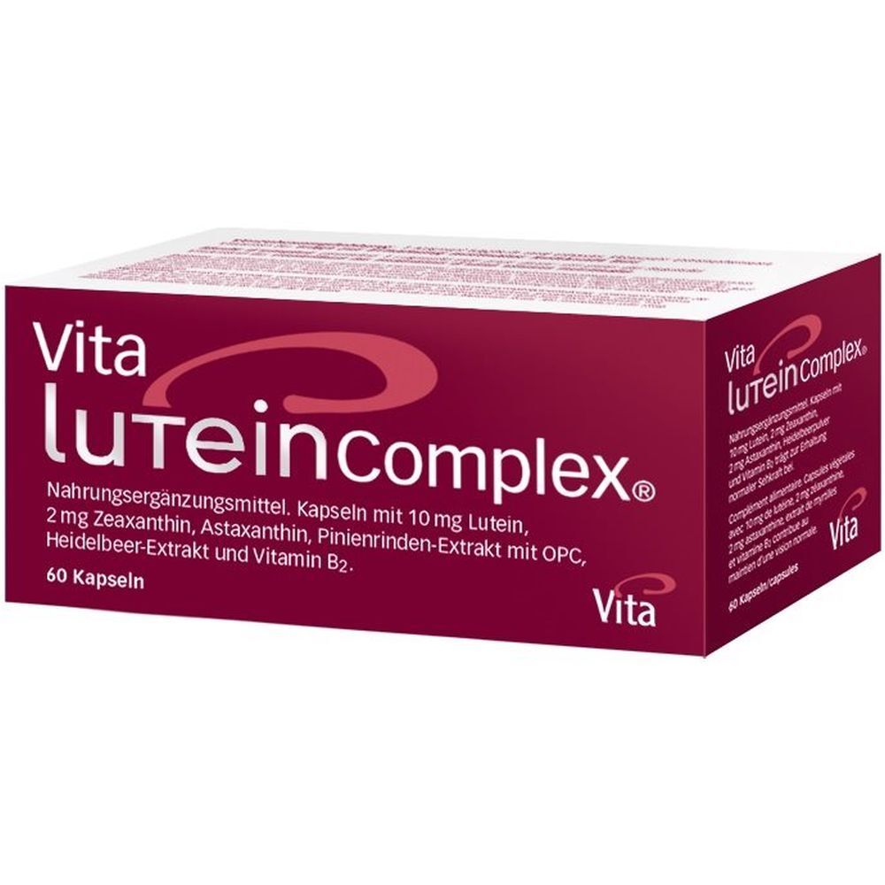 Rote Schachtel mit "Vita Lutein Complex®"-Aufdruck. Enthält 60 Kapseln. Aufschrift: Nahrungsergänzungsmittel.