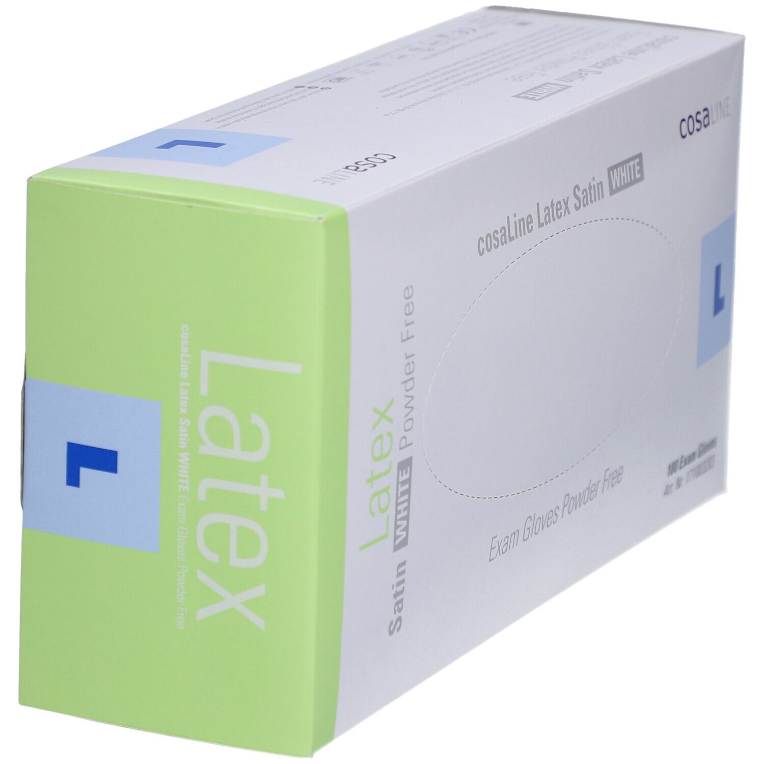 Verpackung cosaLine Latex Satin WHITE Untersuchungshandschuhe, Größe L, puderfrei. Seitenansicht.