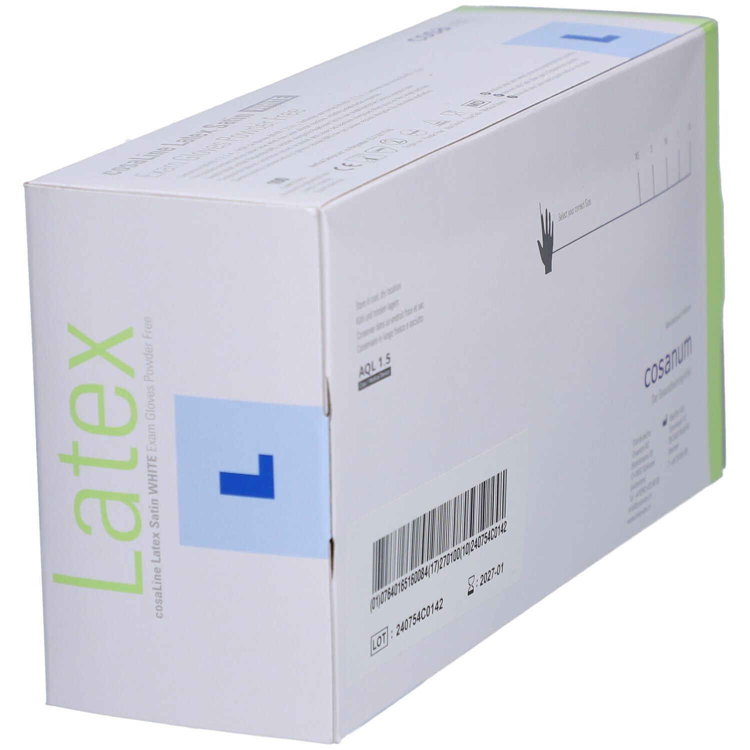 Verpackung cosaLine Untersuchungshandschuhe. Barcode, Chargennummer, Haltbarkeitsdatum. Seitenansicht.