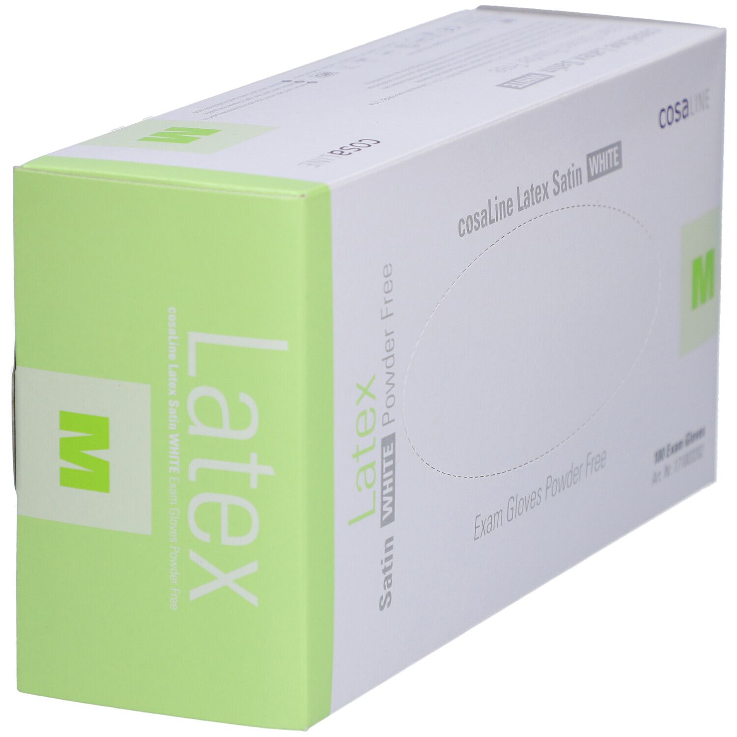 Verpackung cosaLine Latex Satin WHITE Untersuchungshandschuhe M, puderfrei. Grüne Seite mit Latex-Schriftzug und M. Aufdrucke: Exam Gloves, cosaLine.