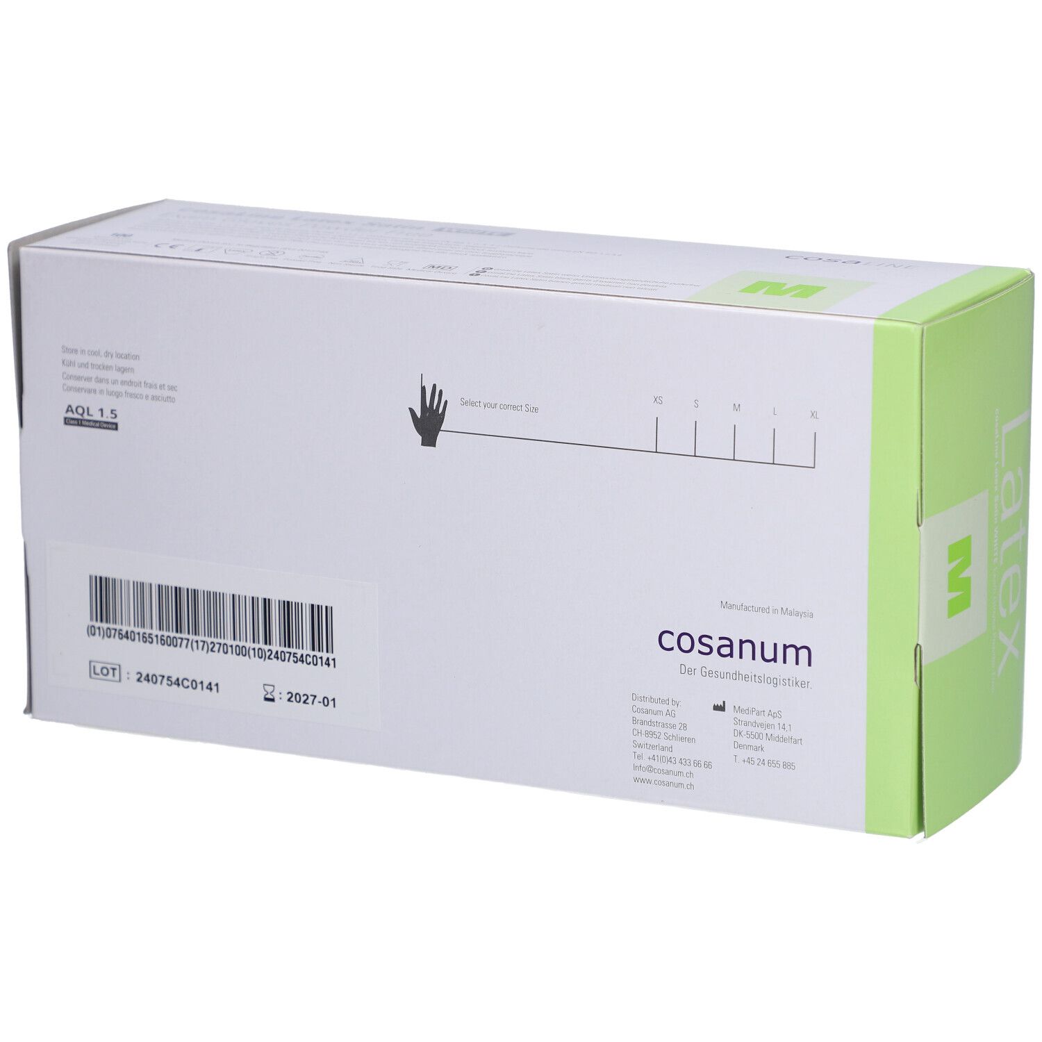 Rückseite der cosaLine Untersuchungshandschuh-Verpackung. Barcode, Chargennummer, Haltbarkeitsdatum. Hand-Symbol. Aufdruck: cosanum, AQL 1.5.