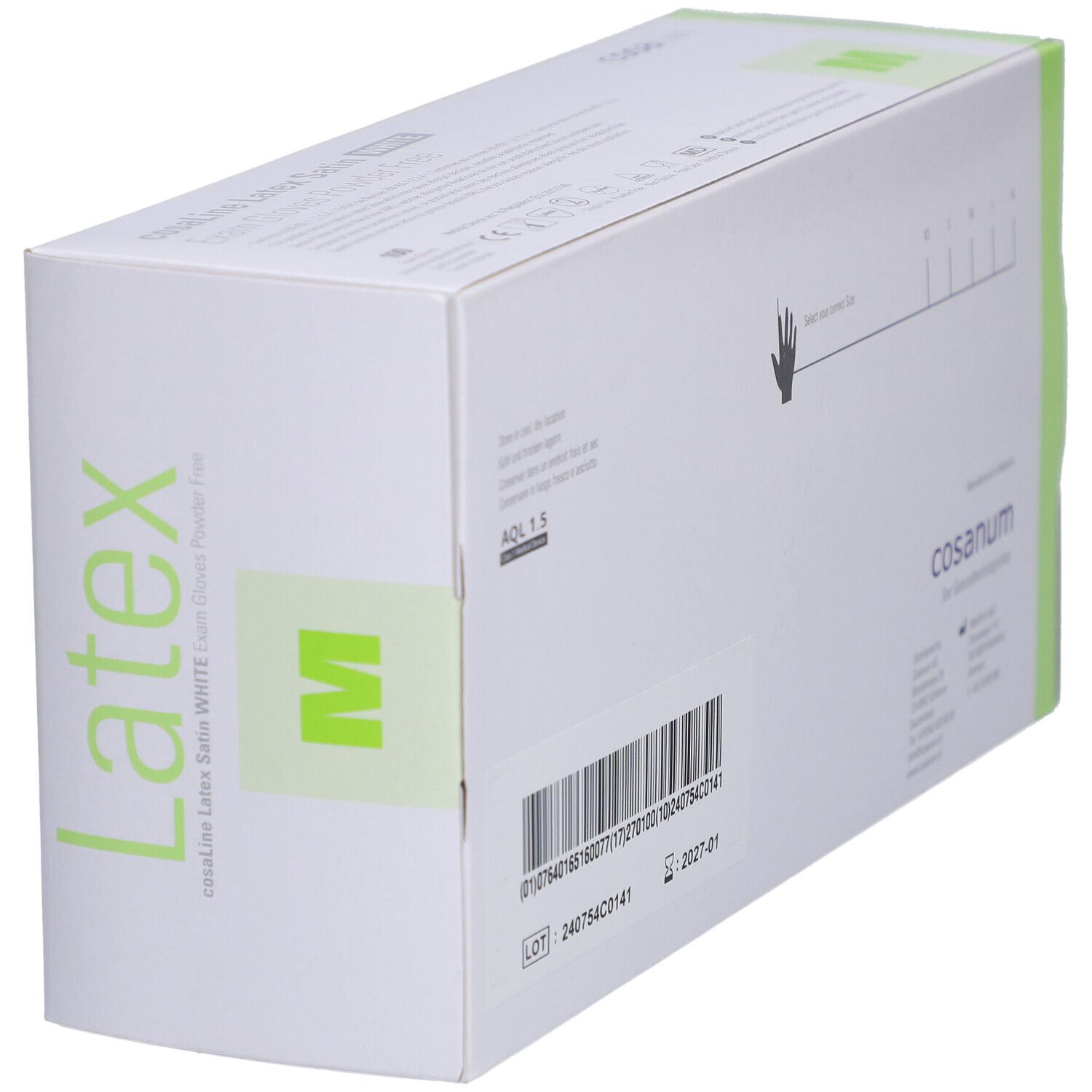 Seite der cosaLine Untersuchungshandschuh-Verpackung. Grüne Seite mit Latex-Schriftzug und M. Barcode, Chargennummer, Haltbarkeitsdatum. Aufdruck: cosanum, AQL 1.5.