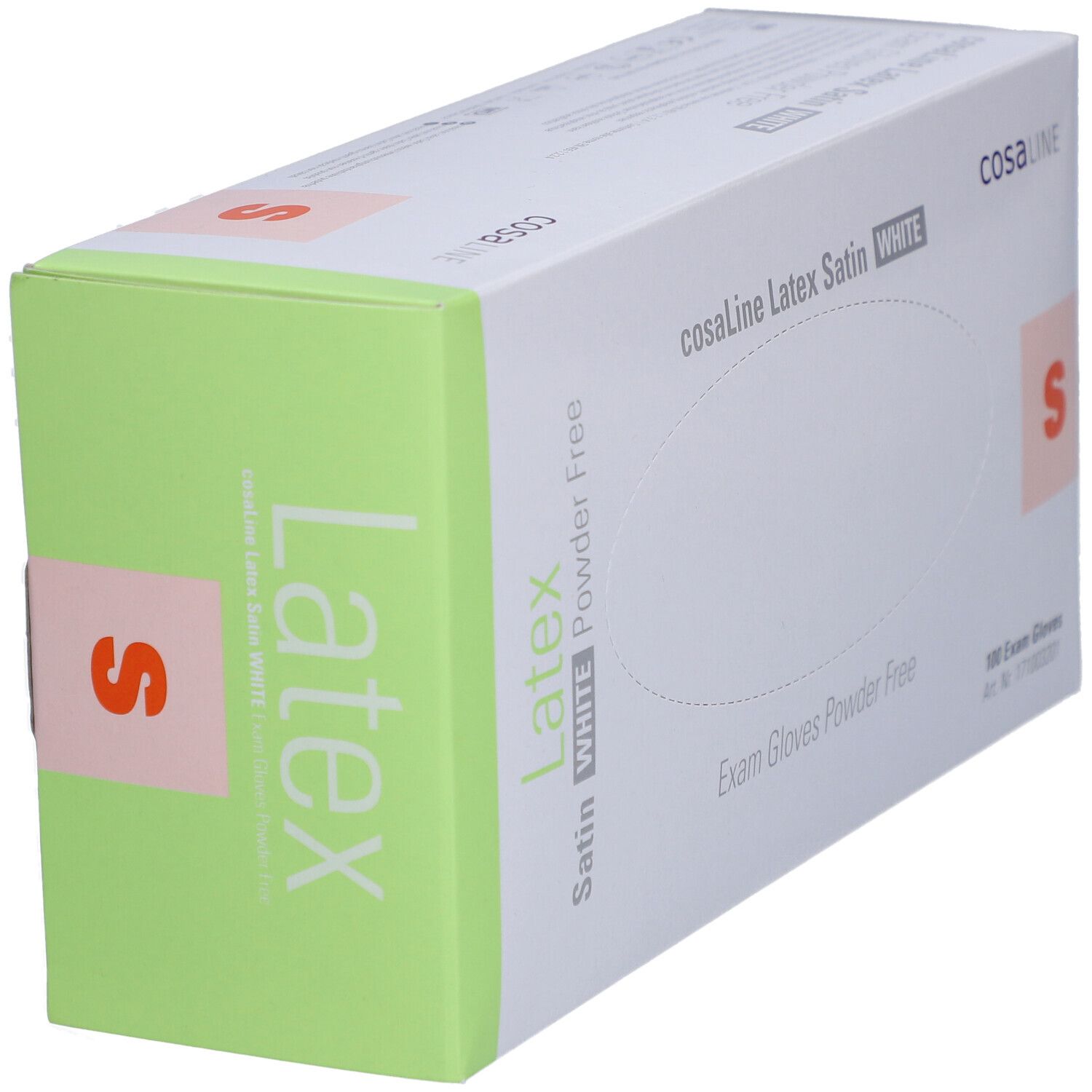 Schräg gestellte Verpackung von cosaLine Latex-Untersuchungshandschuhen. Weißer Karton mit grünen Akzenten. Größe S. Aufdruck: Latex, puderfrei.
