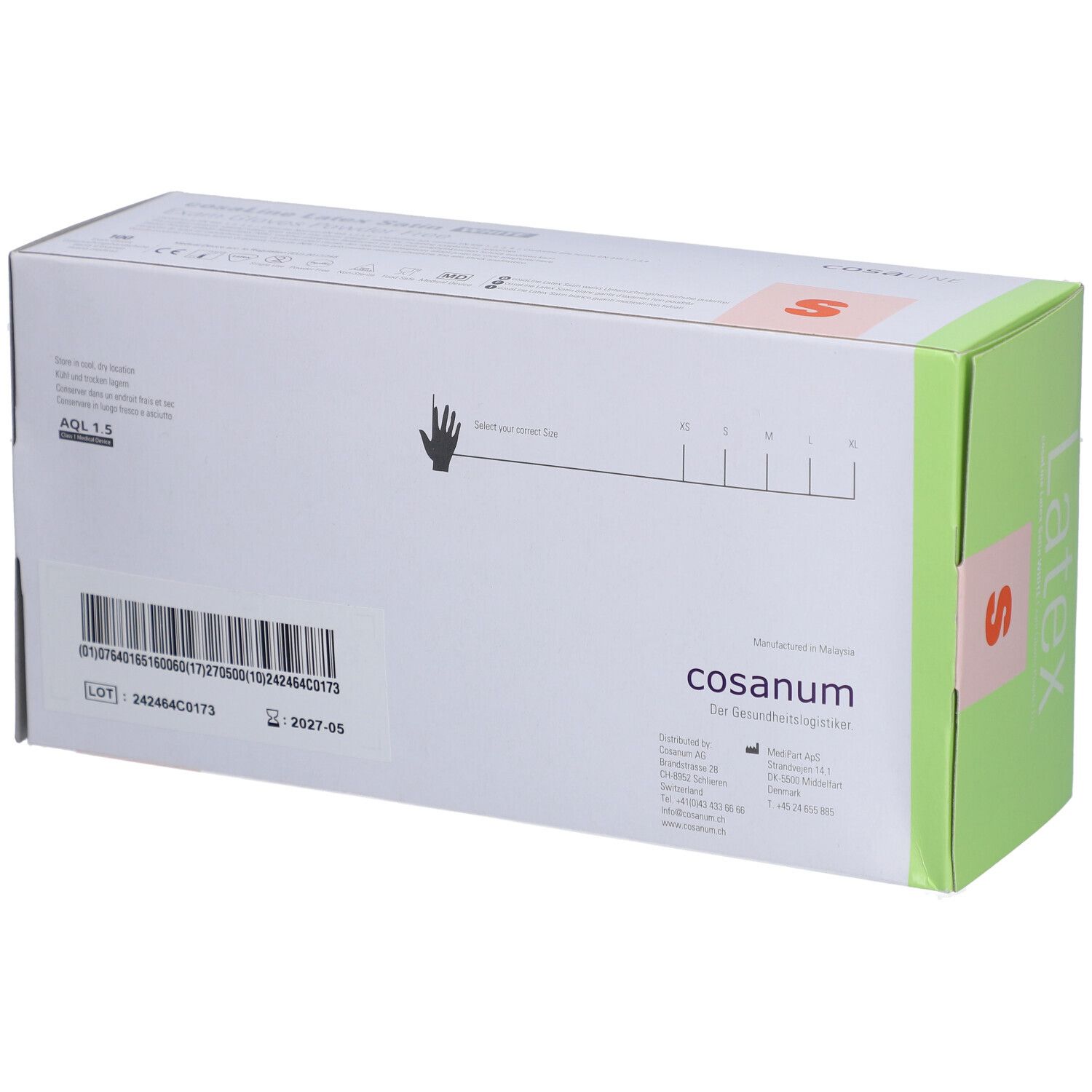 Verpackung von cosaLine Untersuchungshandschuhen. Weißer Karton mit grünen Akzenten. Aufdruck: cosaLine, Größe S, AQL 1.5. Barcode und Chargennummer.
