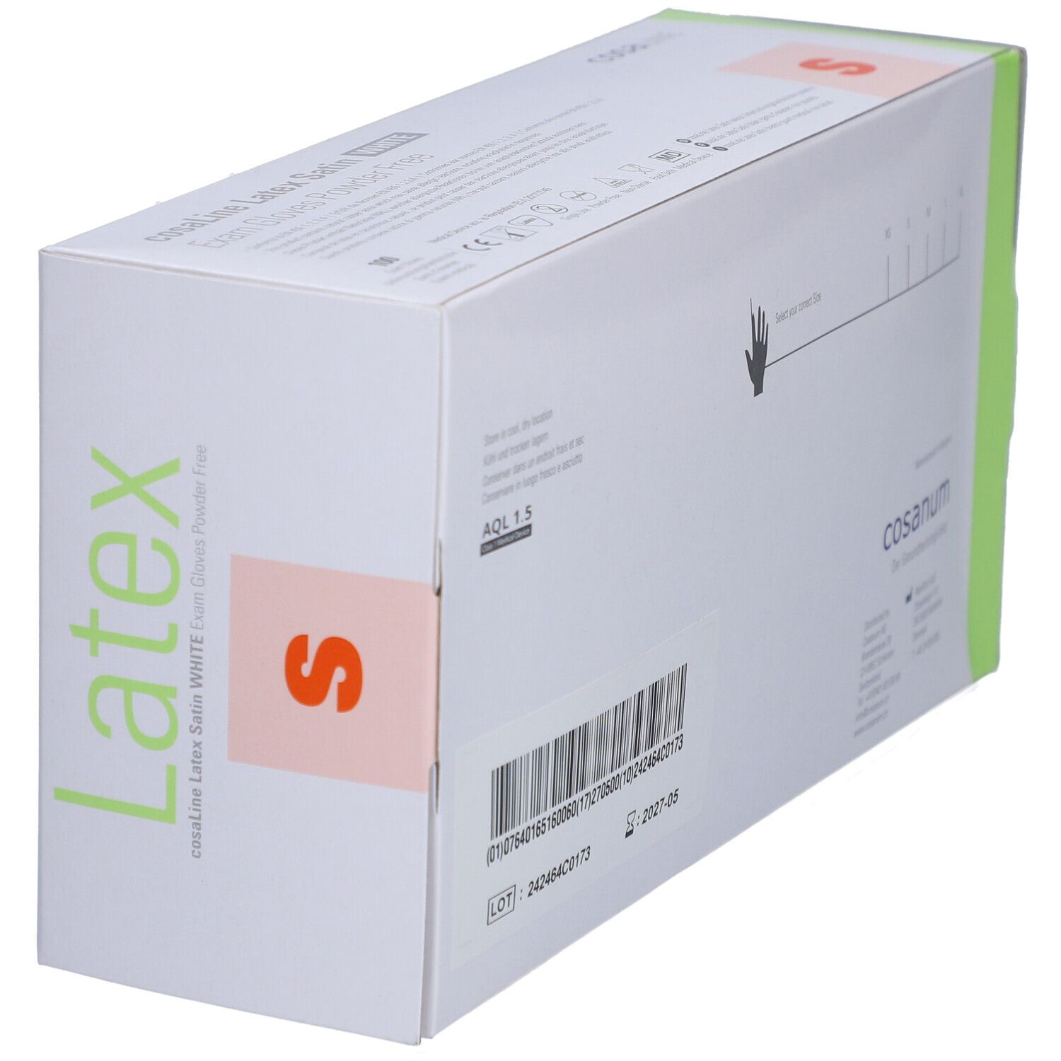 Schräg gestellte Verpackung von cosaLine Untersuchungshandschuhen. Weißer Karton mit grünen Akzenten. Größe S. Aufdruck: cosaLine, AQL 1.5.