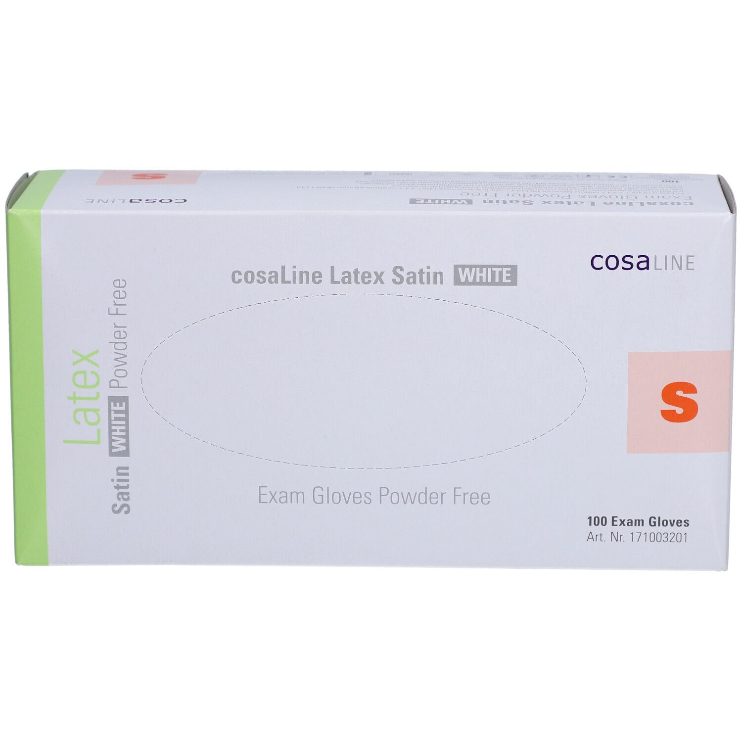 Verpackung von cosaLine Latex-Untersuchungshandschuhen. Weißer Karton mit grünen Akzenten. Aufdruck: Latex, Satin, White, puderfrei, Größe S.