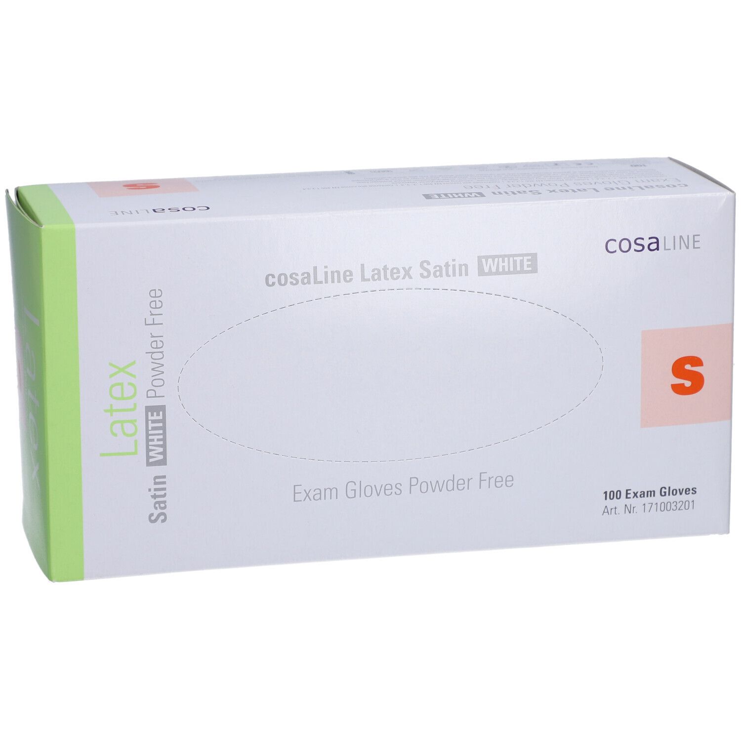 Verpackung von cosaLine Latex-Untersuchungshandschuhen. Weißer Karton mit grünen Akzenten. Aufdruck: Latex, Satin, White, puderfrei, Größe S.