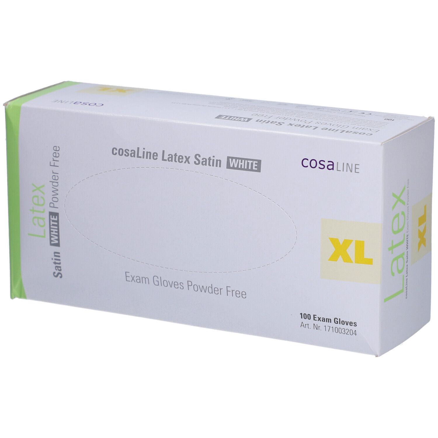Verpackung cosaLine Latex Satin WHITE Untersuchungshandschuhe, Größe XL. 100 Stück. Puderfrei.
