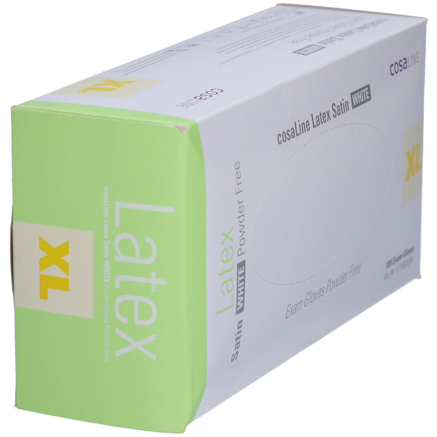 Schräg gestellte Verpackung cosaLine Latex Satin WHITE Untersuchungshandschuhe, Größe XL. Puderfrei.