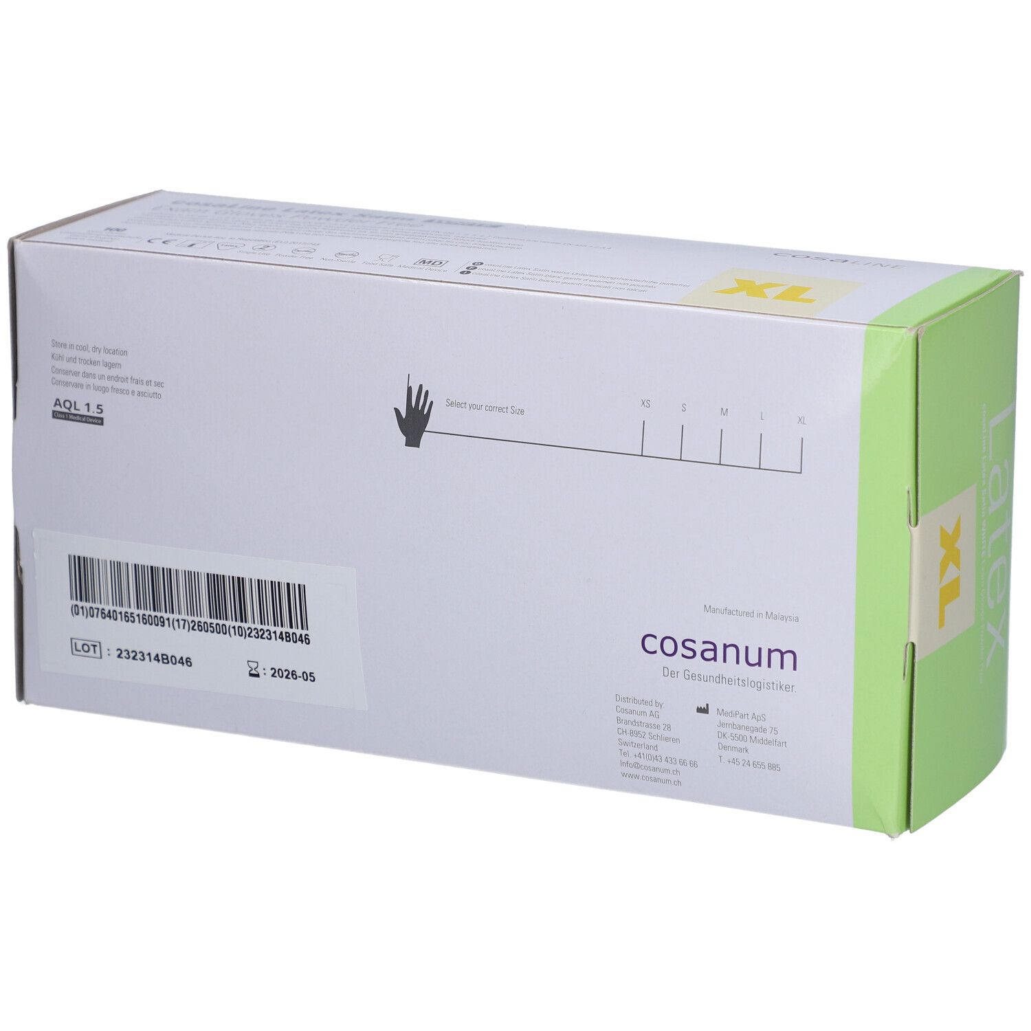 Rückseite der Verpackung cosaLine Latex Satin WHITE Untersuchungshandschuhe, Größe XL. Barcode.